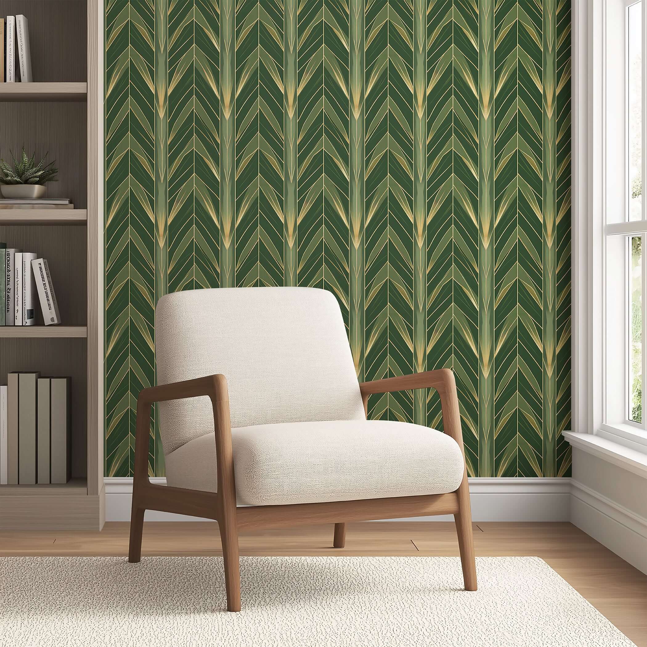 Art Deco wallpaper with lush green botanical motifs and gold details in a modern living room with a beige armchair and bookshelf.