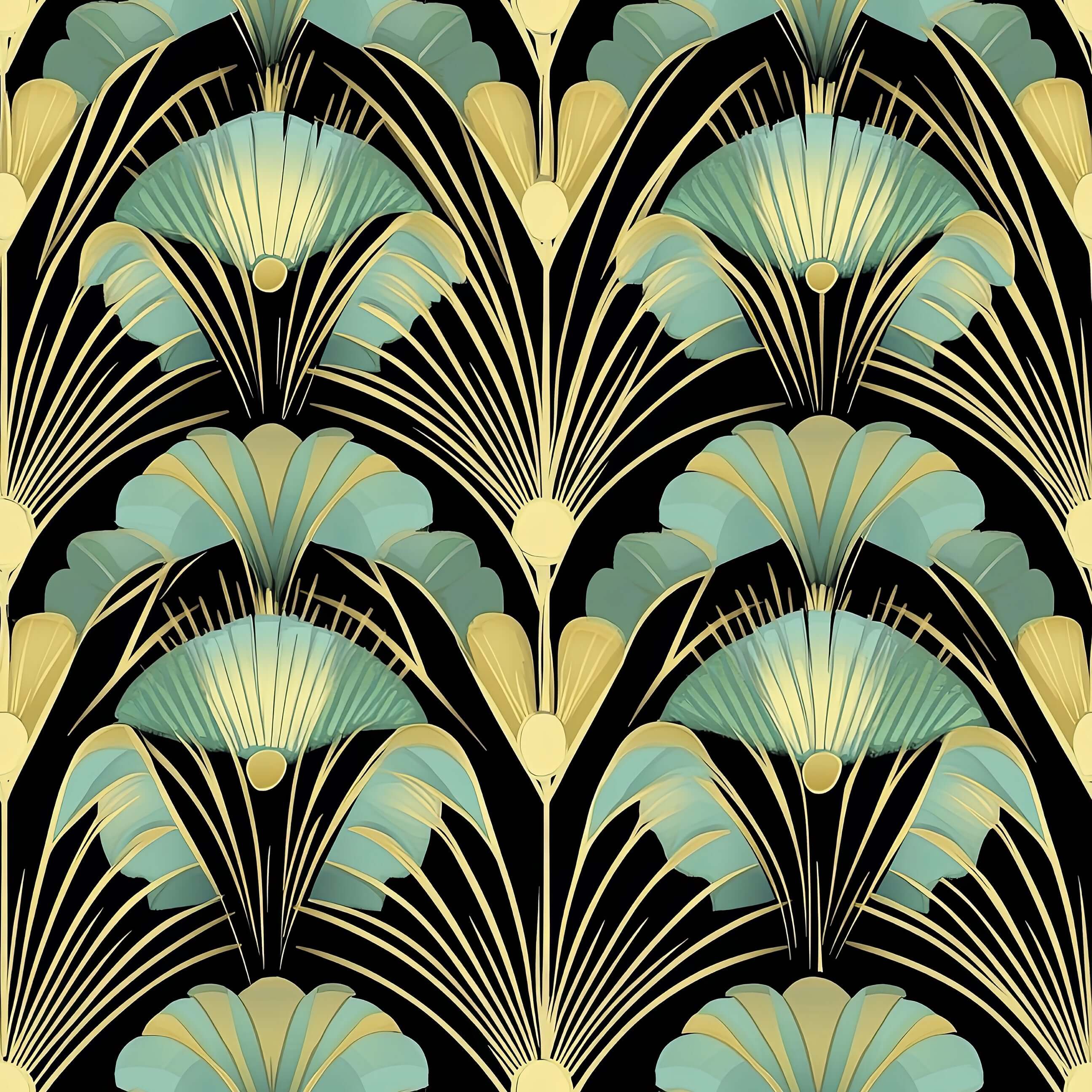 Art Deco wallpaper with jade and gold fan motifs on black, "Golden Age Grandeur" wall decor.
