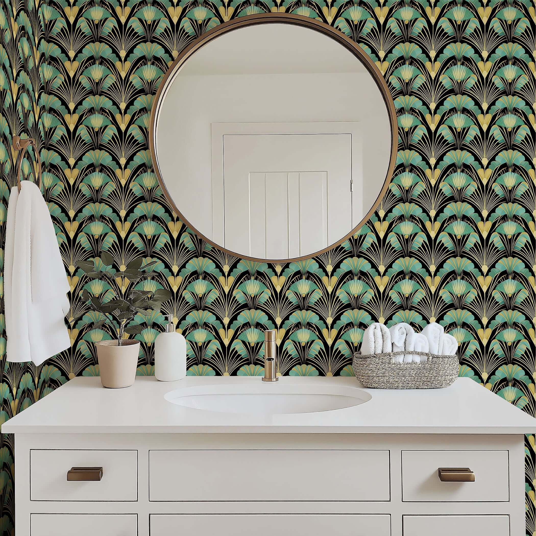 Art Deco wallpaper with jade and gold fan motifs on black wall behind bathroom vanity, mirror, and decor for vintage elegance.