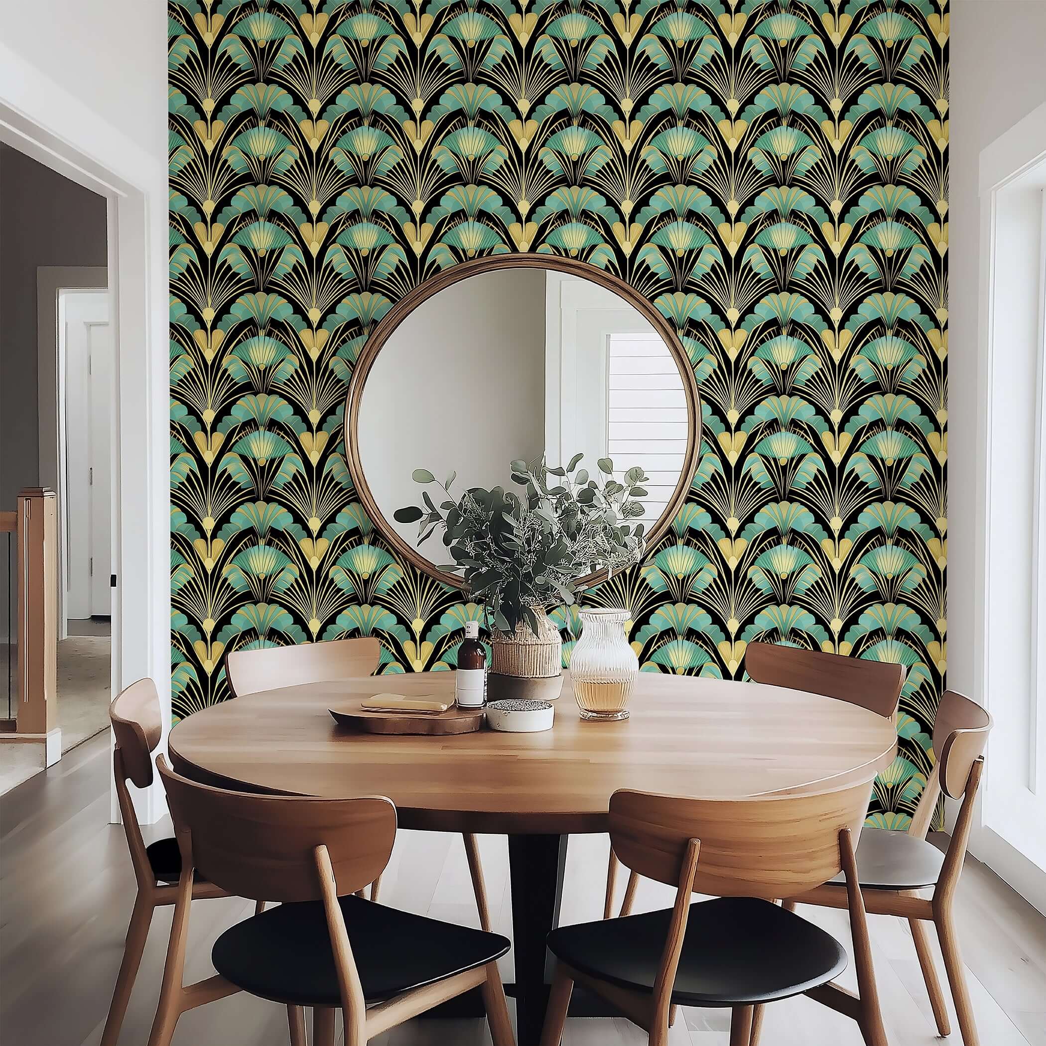 Art Deco wallpaper with jade fan motifs in gold and black, decorating a modern dining room for vintage elegance and contemporary style.