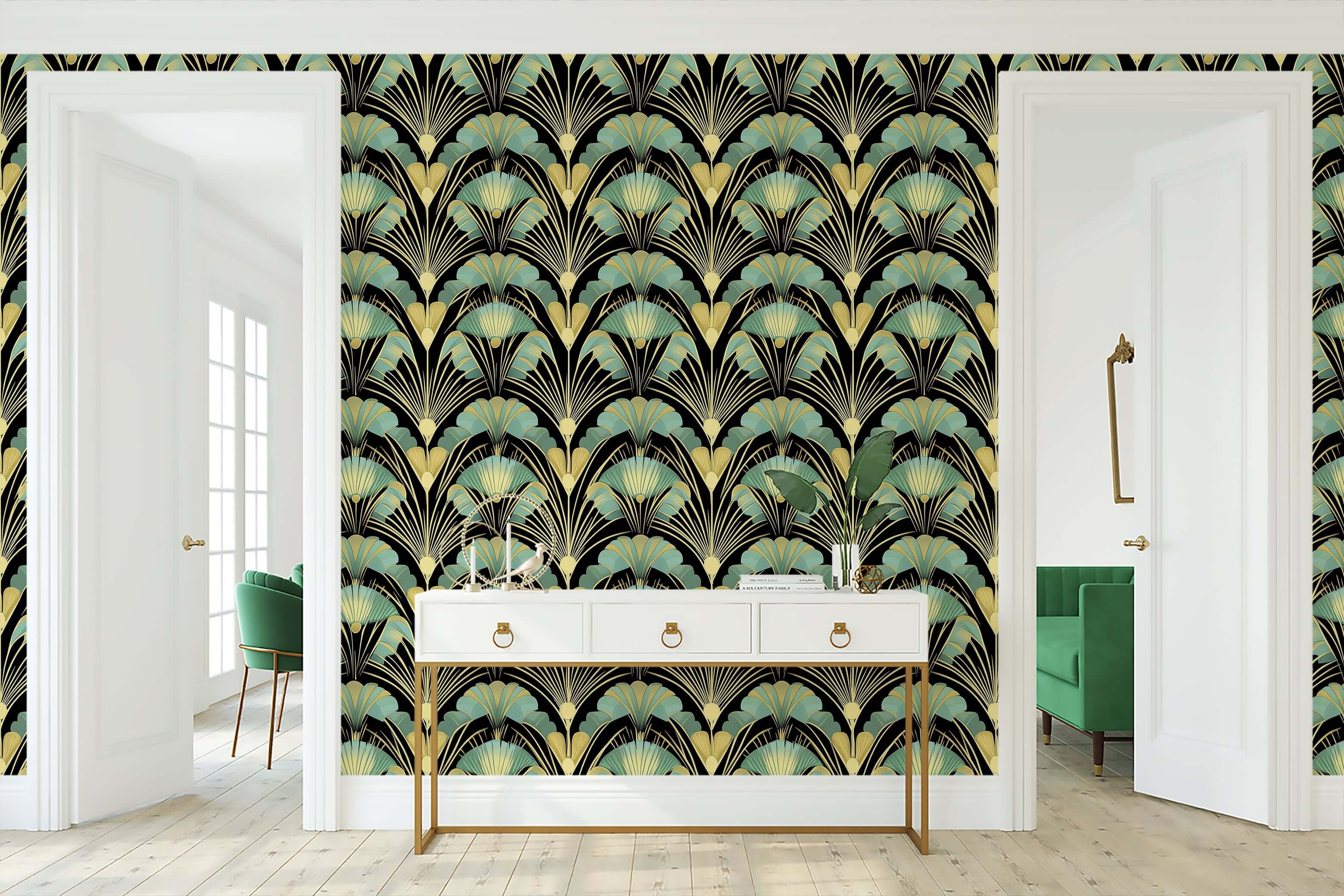 Art Deco wallpaper with jade and gold fan motifs on a black background, adding vintage charm and glamour to interiors.