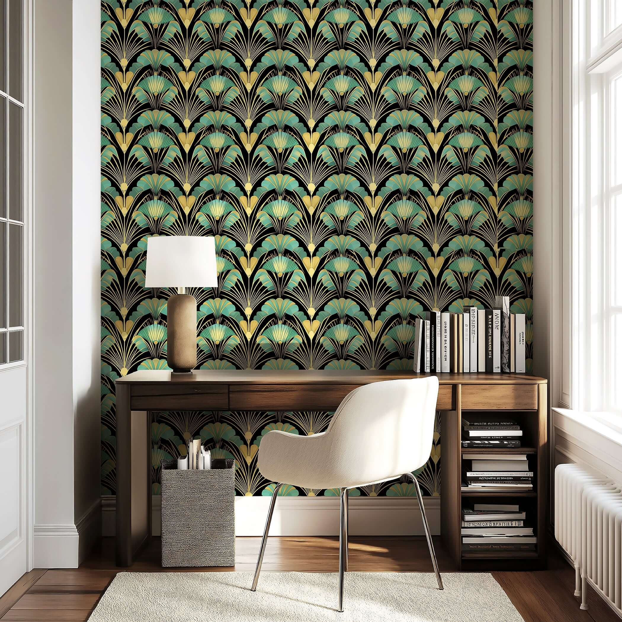 Art Deco wallpaper with jade and gold fan motifs on a black backdrop in a stylish room with a desk and chair.