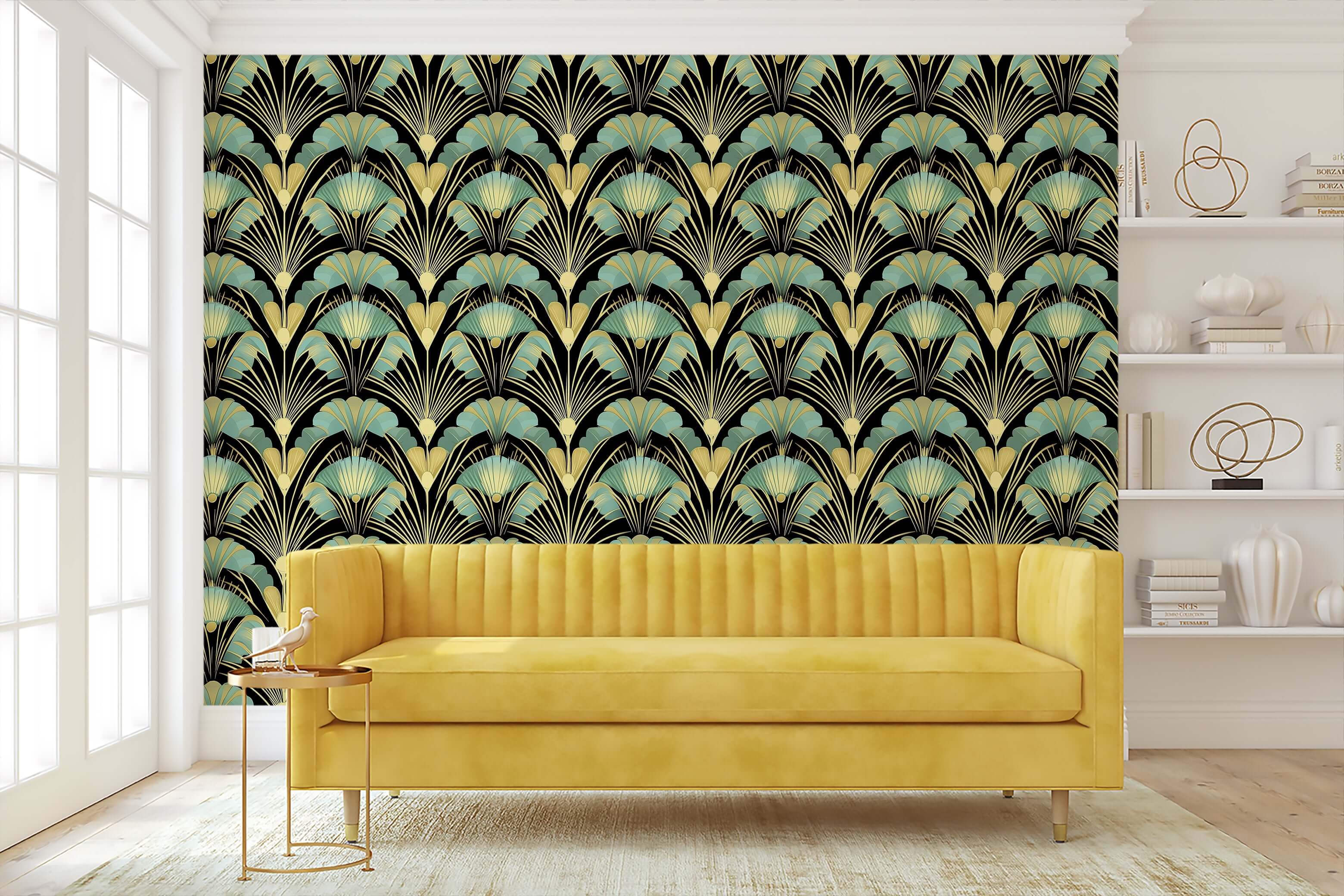 Art Deco wallpaper "Golden Age Grandeur" with jade and gold fan motifs on black, adding luxury to living room decor.