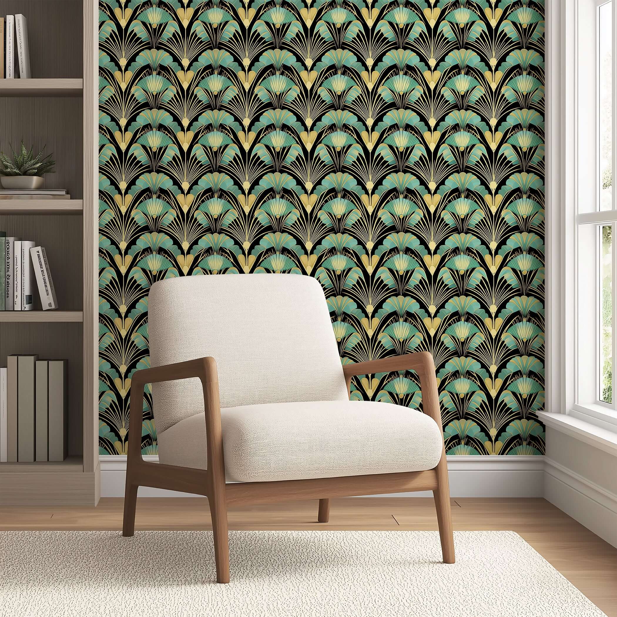 Art Deco "Golden Age Grandeur" wallpaper with jade and gold fan motifs on black backdrop, accenting a stylish living room scene.