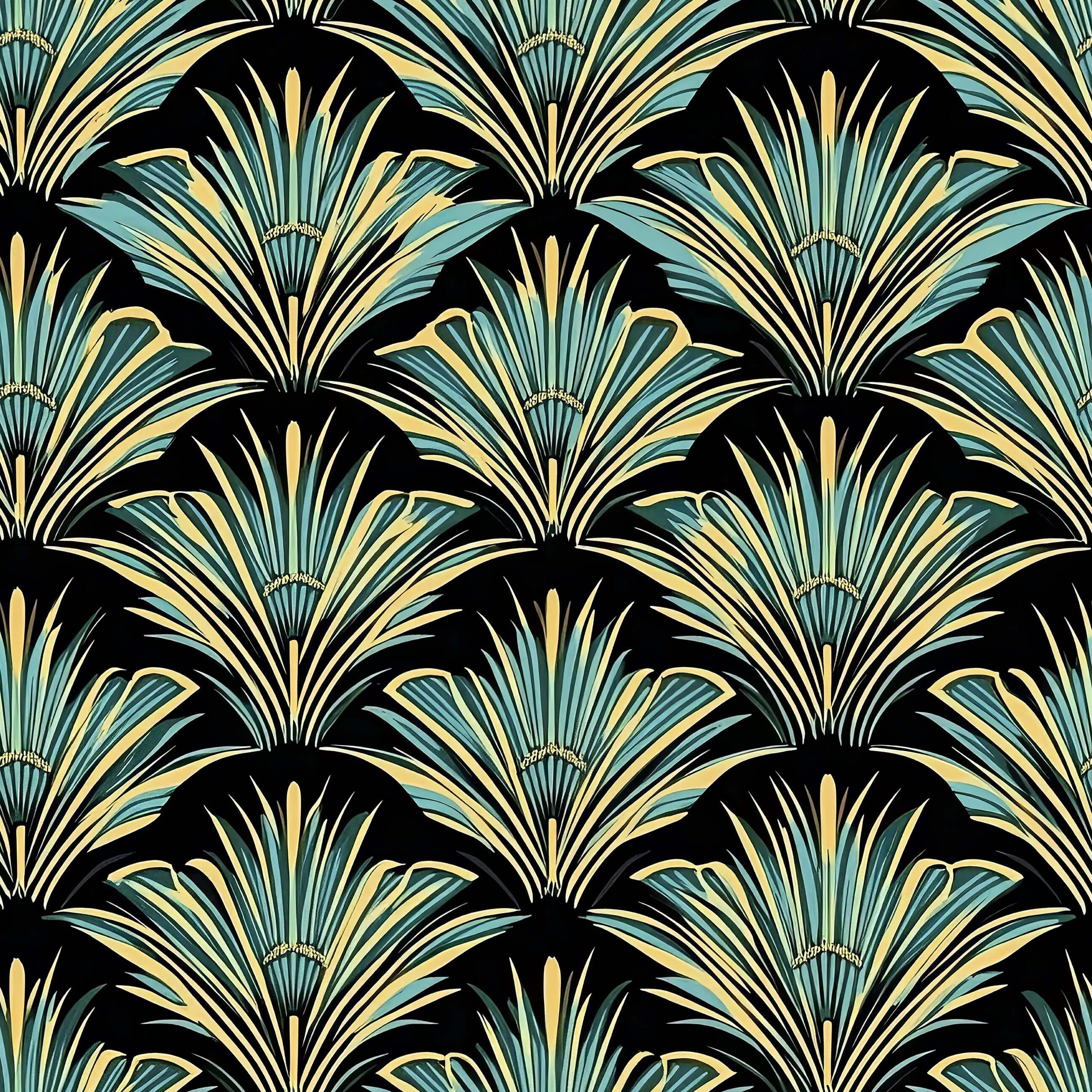 Art Deco wallpaper with teal, gold, and black fan bursts design, embodying Jazz Age elegance and sophistication.