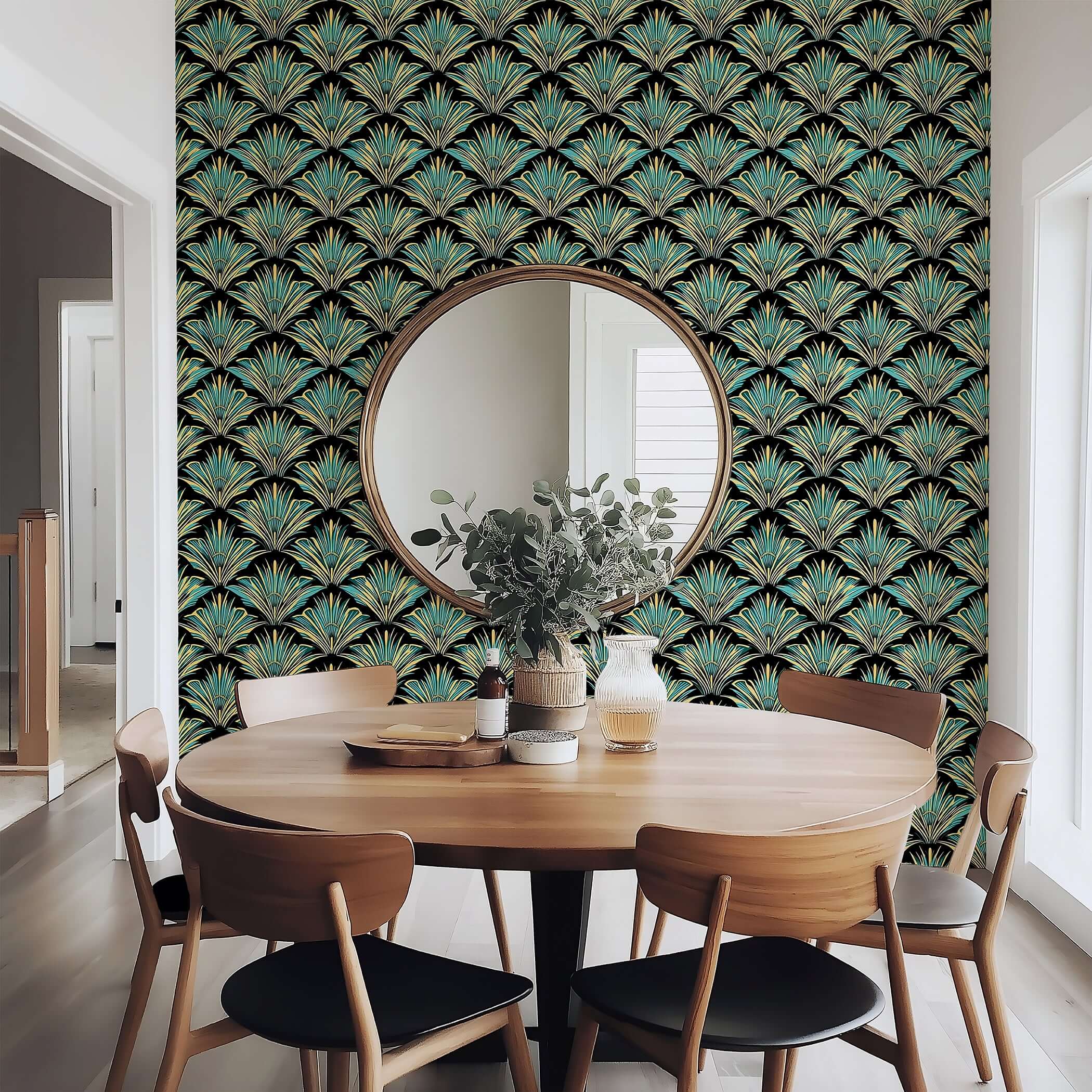 Art Deco wallpaper with teal and gold fan pattern enhancing a modern dining room's elegance and sophistication.