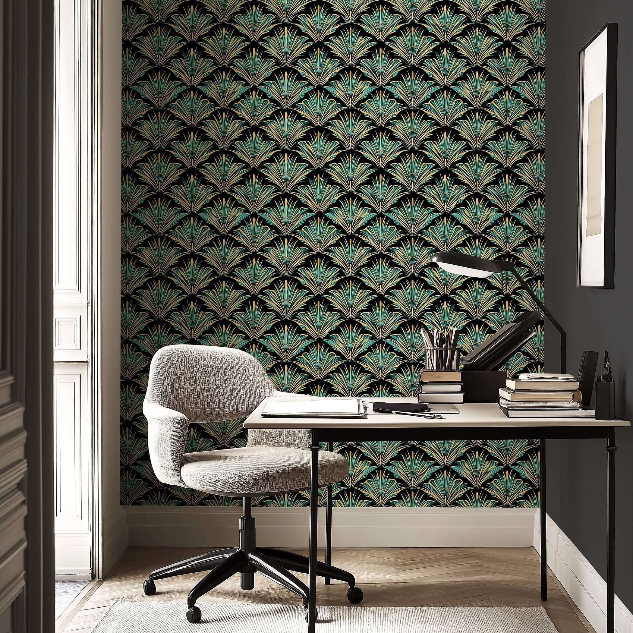 Art Deco styled room with Roaring Revival wallpaper in teal, gold, and black featuring a classic pattern, enhancing elegance.