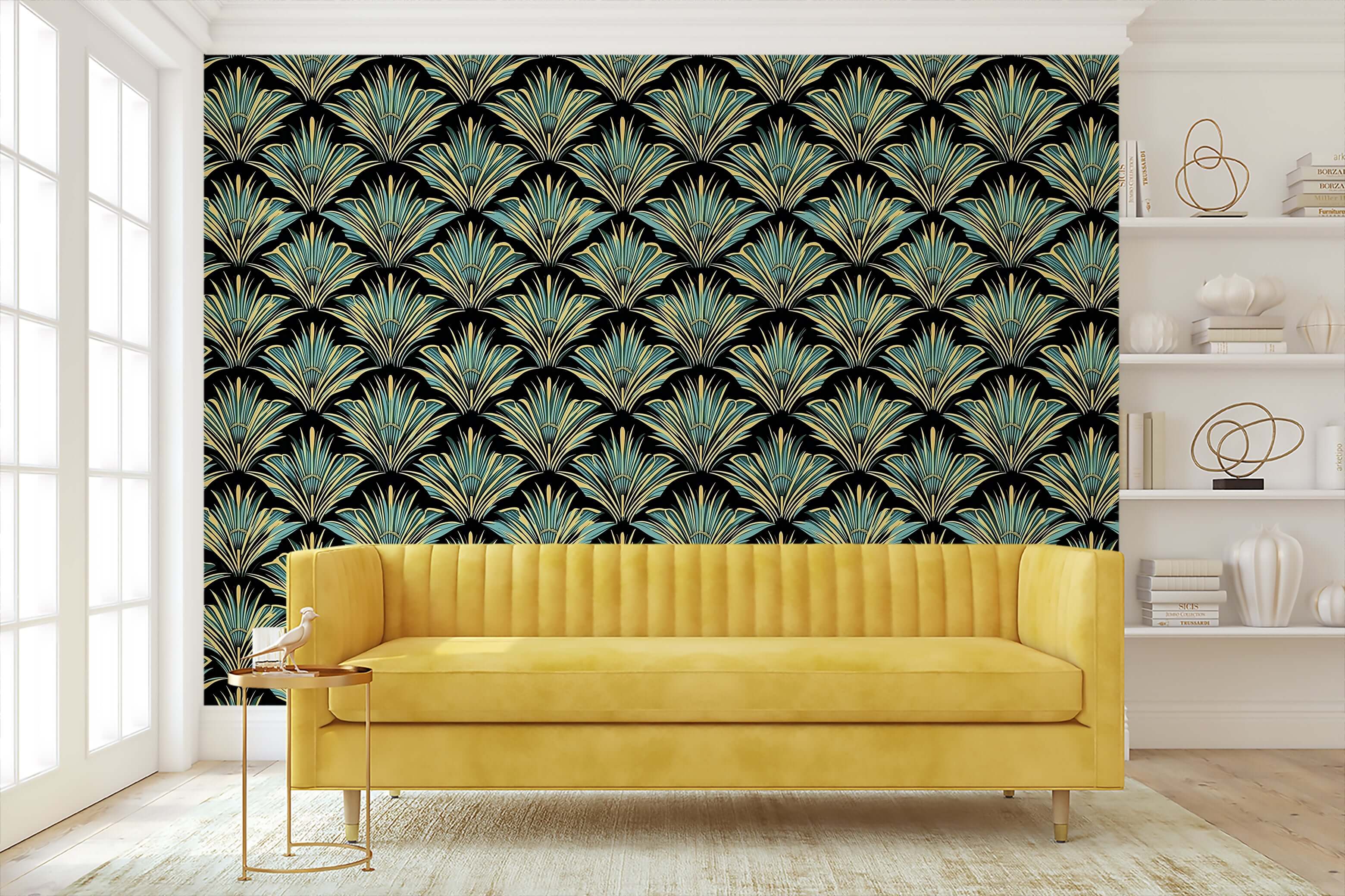 Yellow sofa against Art Deco wallpaper with teal, gold, and black fan bursts, enhancing a room with Jazz Age sophistication.