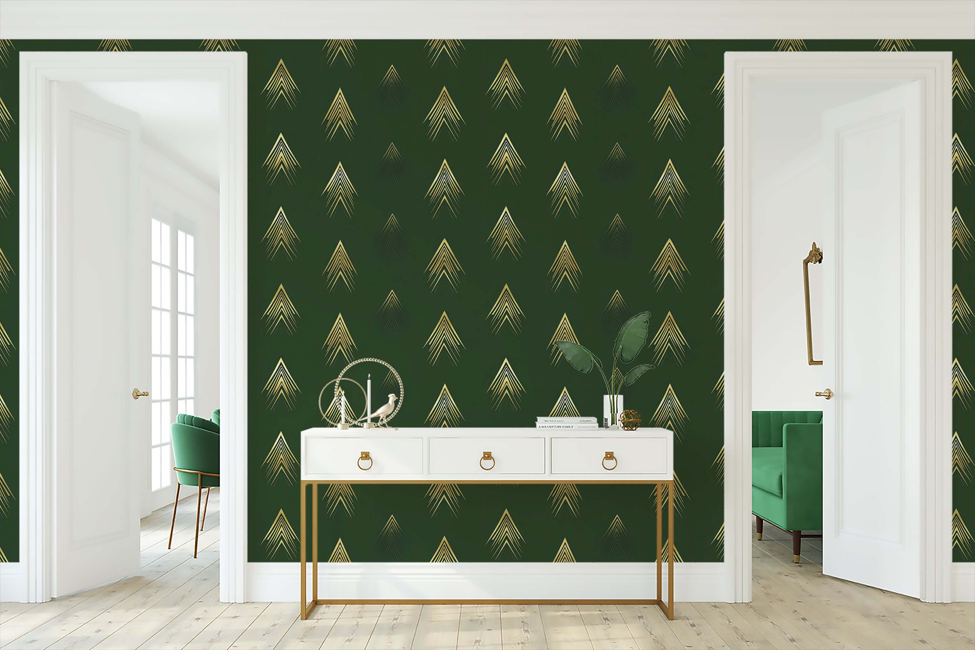 Deco Forest Luxe wallpaper with gold geometric Art Deco patterns on deep forest green walls, creating an elegant and modern accent space.