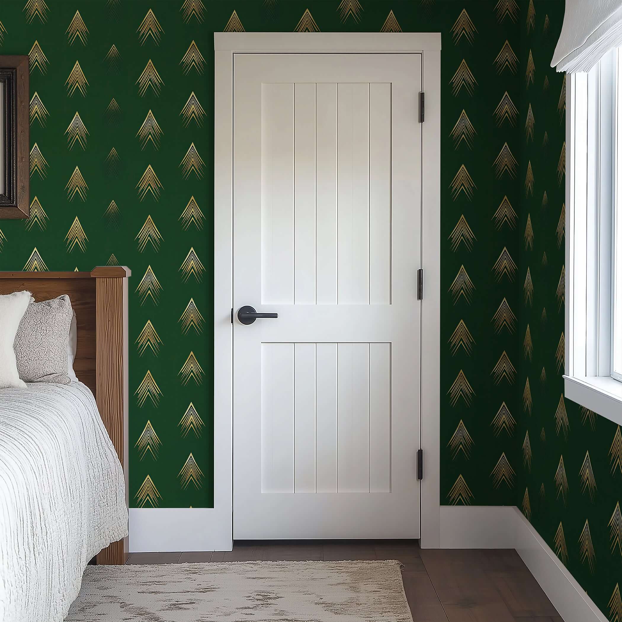 Art Deco Luxe Forest Wallpaper with Golden Arrows in Bedroom Setting, Enhancing Modern Elegance