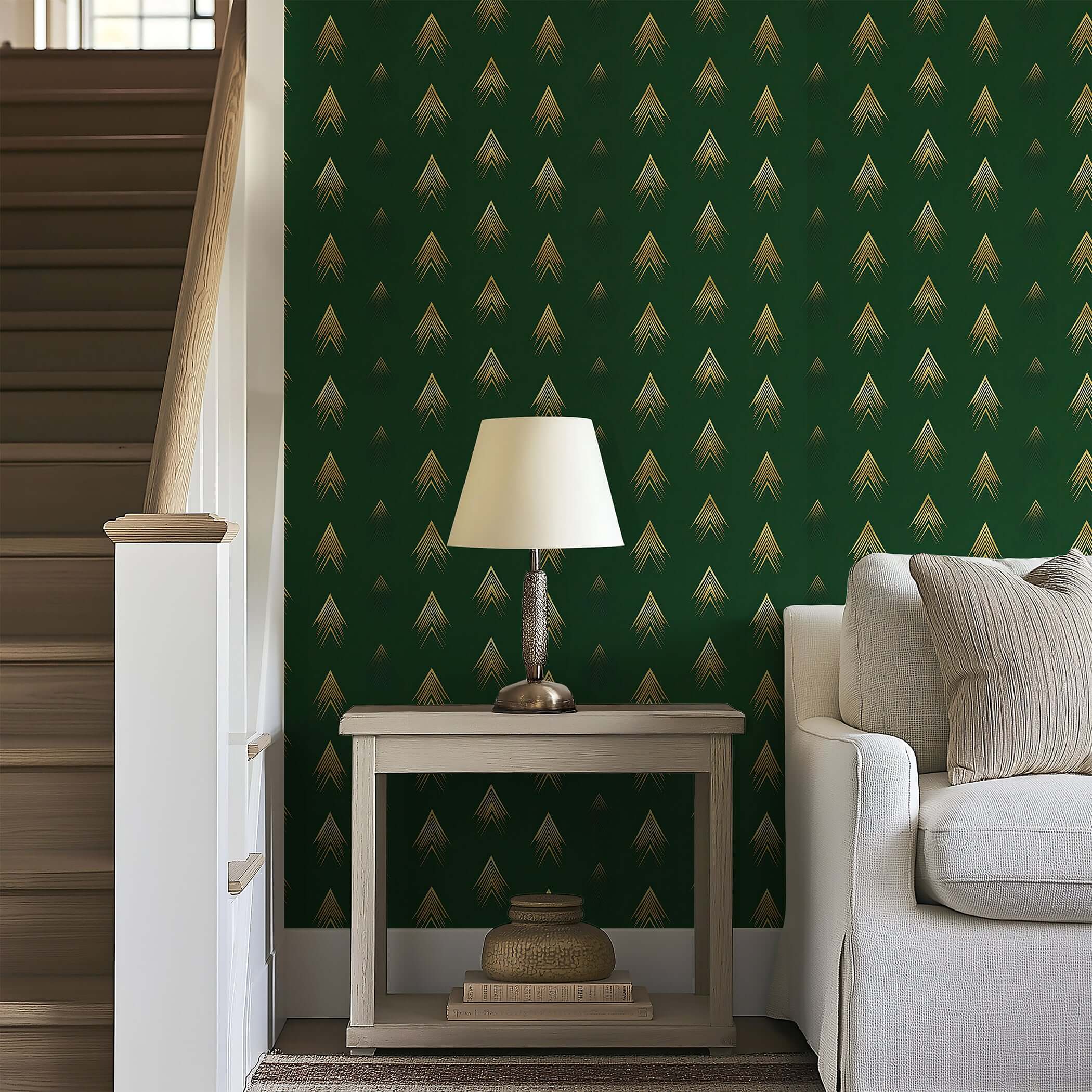Art Deco green wallpaper with gold arrow patterns in a living space, enhancing elegance and modernity. Deco Forest Luxe style.