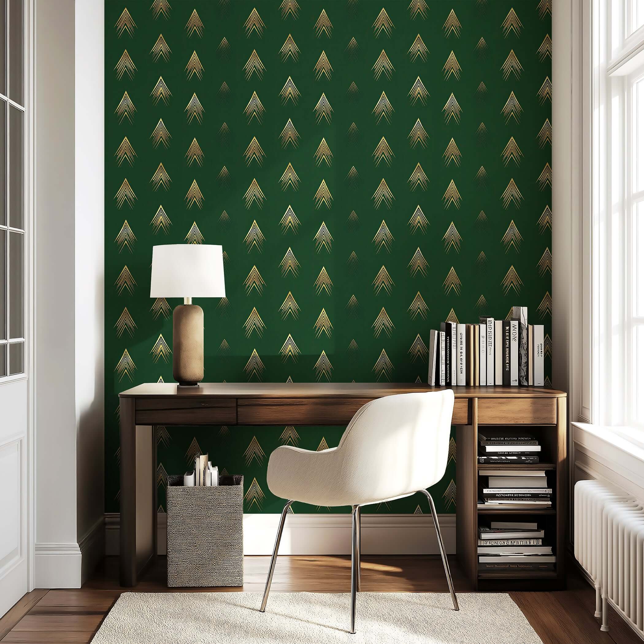 Art Deco wallpaper in deep forest green with golden arrows, featuring a modern elegant design, ideal for accent walls and refined spaces.