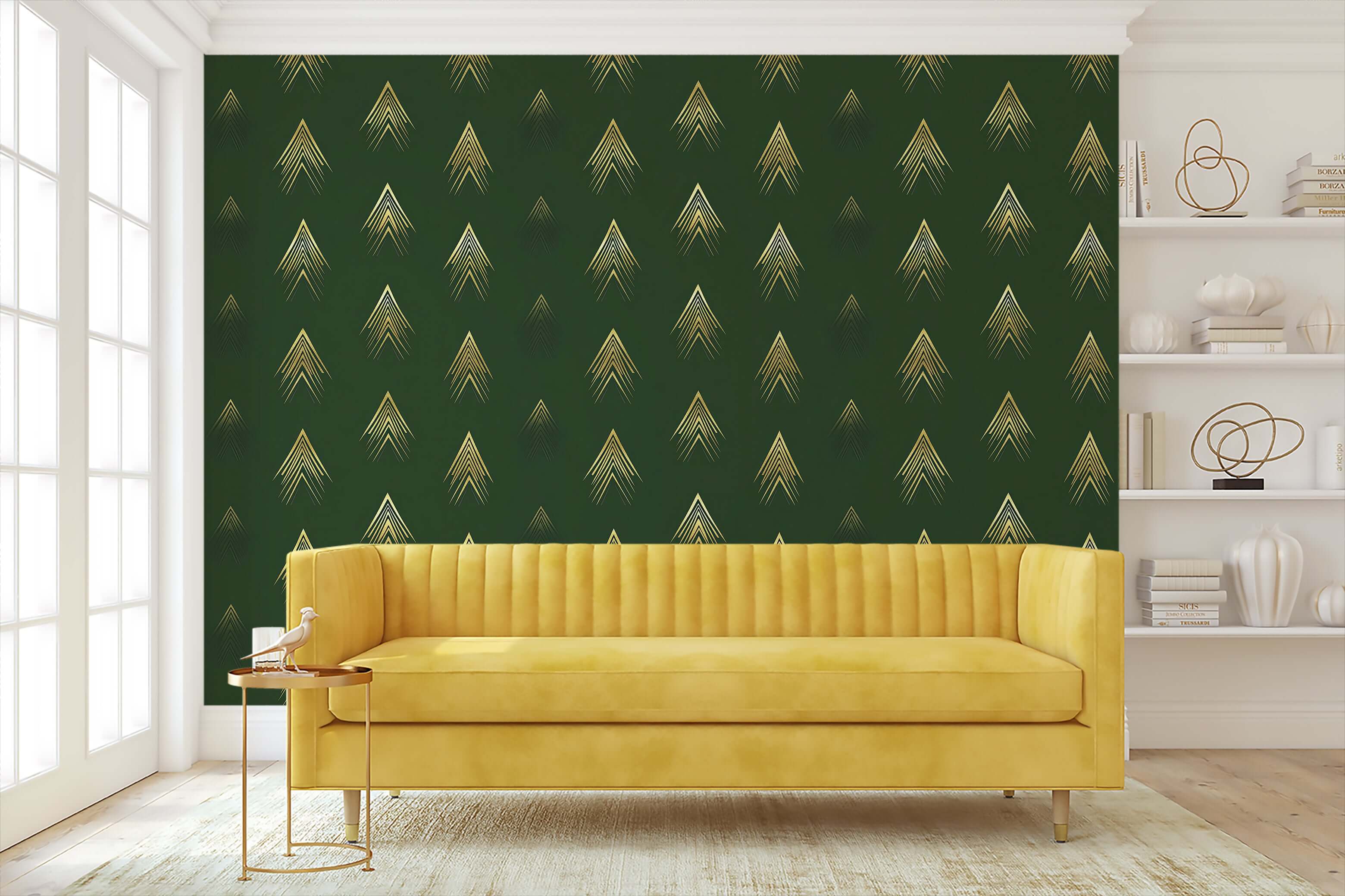 Art Deco wallpaper in deep forest green with golden arrow patterns, enhancing a modern living room with a yellow sofa