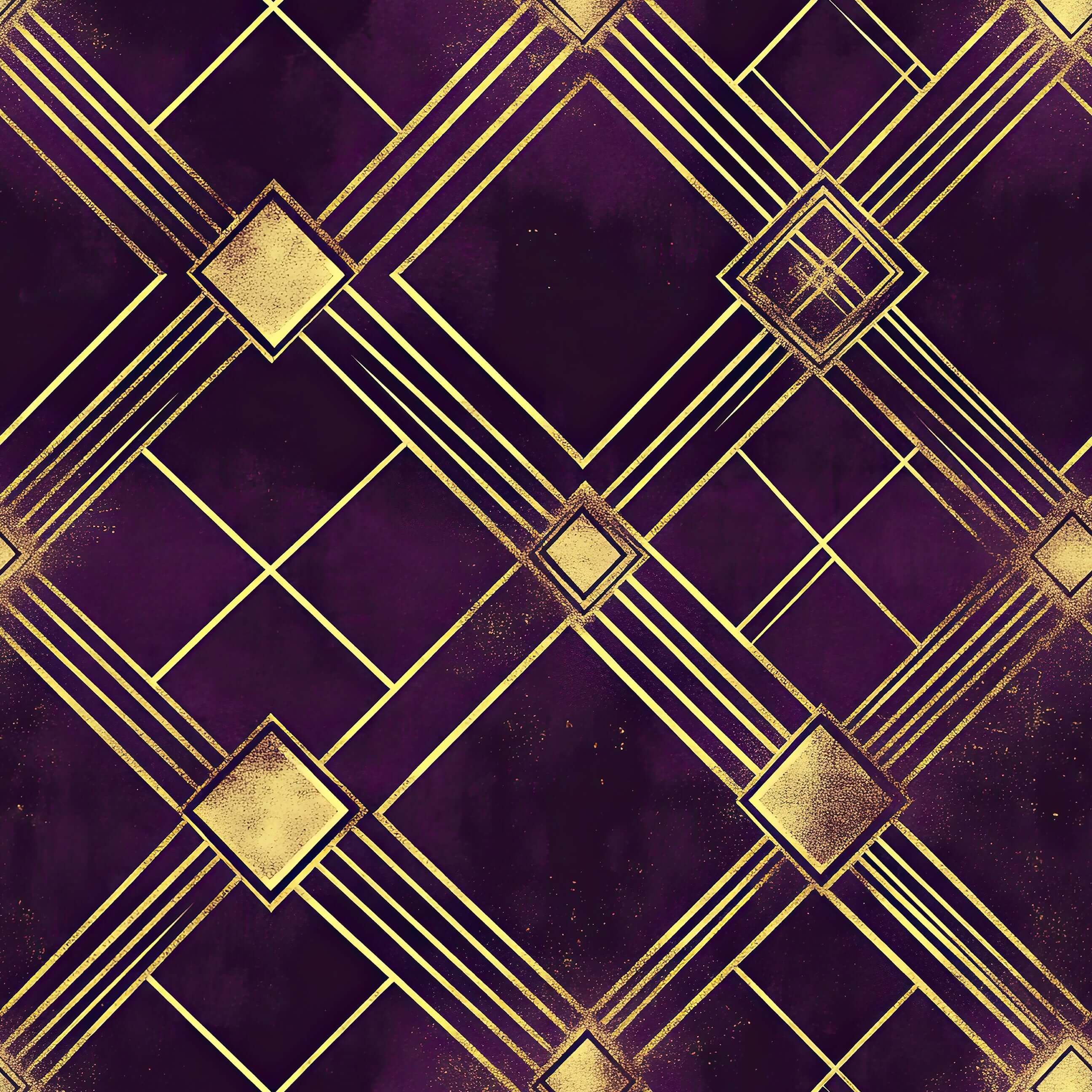 Art Deco diamond noir wallpaper with plum and gold geometric patterns.