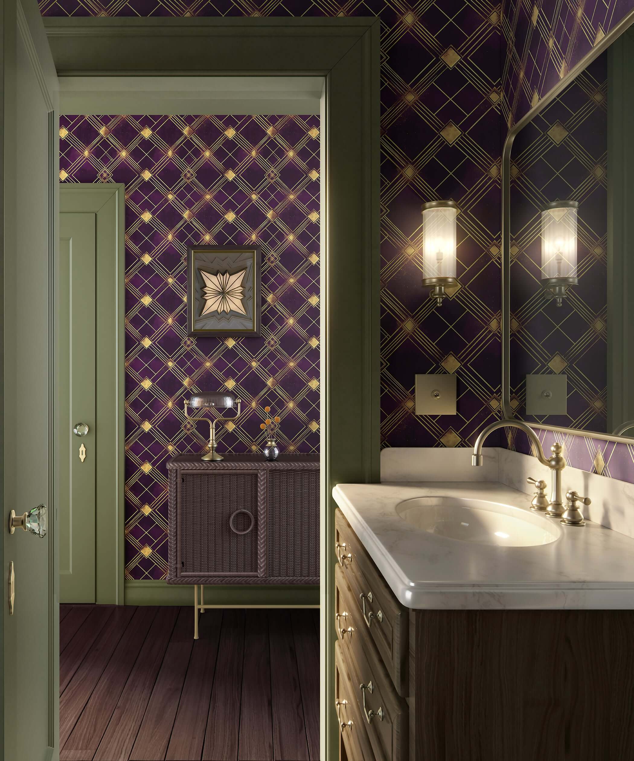 Bathroom with Deco Diamond Noir wallpaper featuring plum and gold art deco geometric patterns creating a sophisticated ambiance.