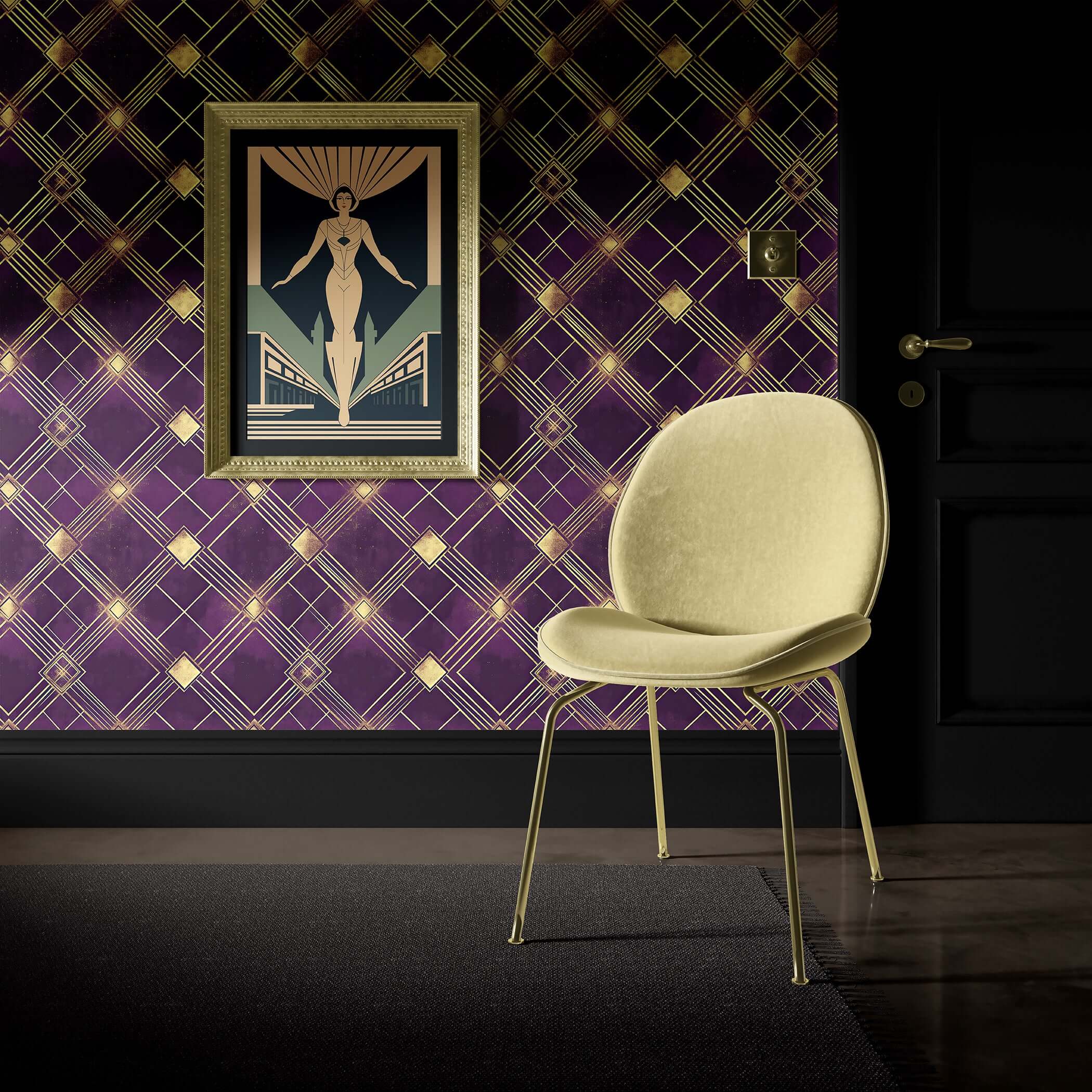 Deco Diamond Noir wallpaper with art deco design in plum and gold, featuring geometric diamond patterns and a vintage framed poster.