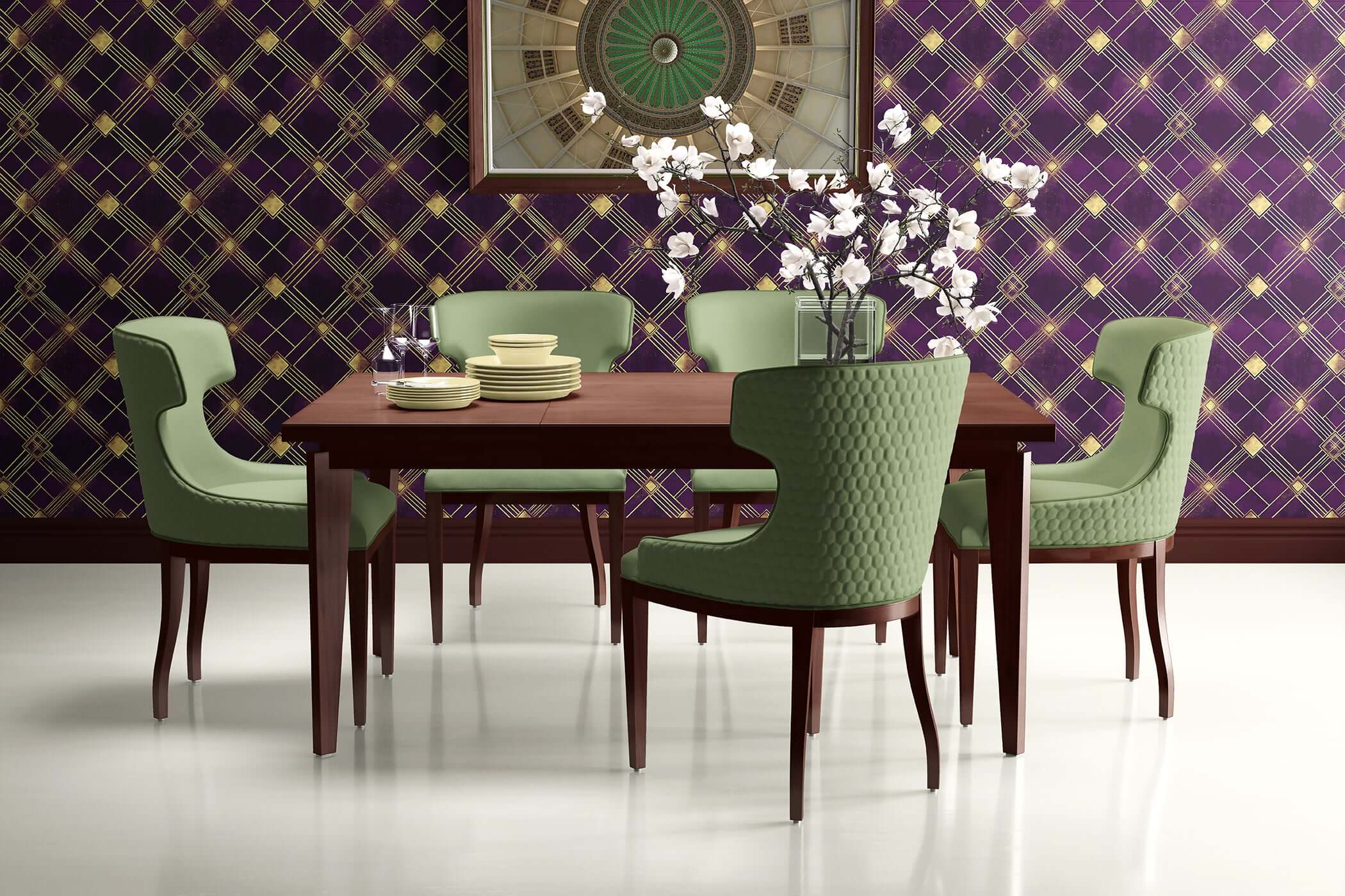 Art Deco dining room with Deco Diamond Noir wallpaper showcasing geometric patterns in plum and gold, green chairs, and wooden table.