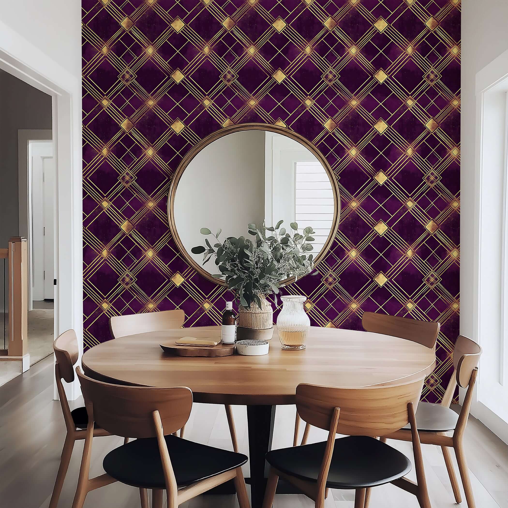 Dining room with Deco Diamond Noir art deco wallpaper featuring plum and gold geometric patterns, enhancing vintage charm.