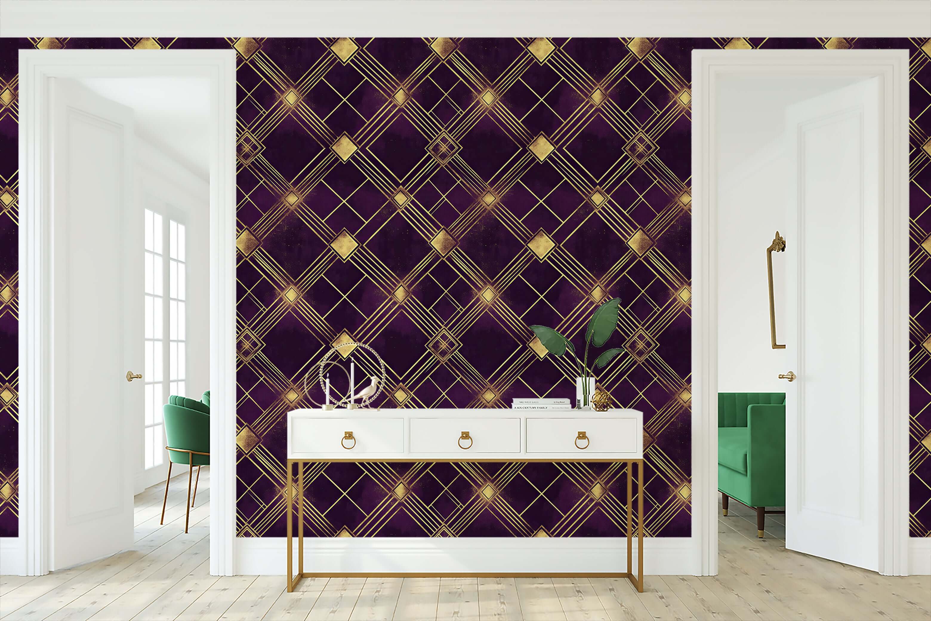 Art Deco wallpaper with plum and gold diamond patterns creating vintage charm and luxe style for interiors like living rooms.