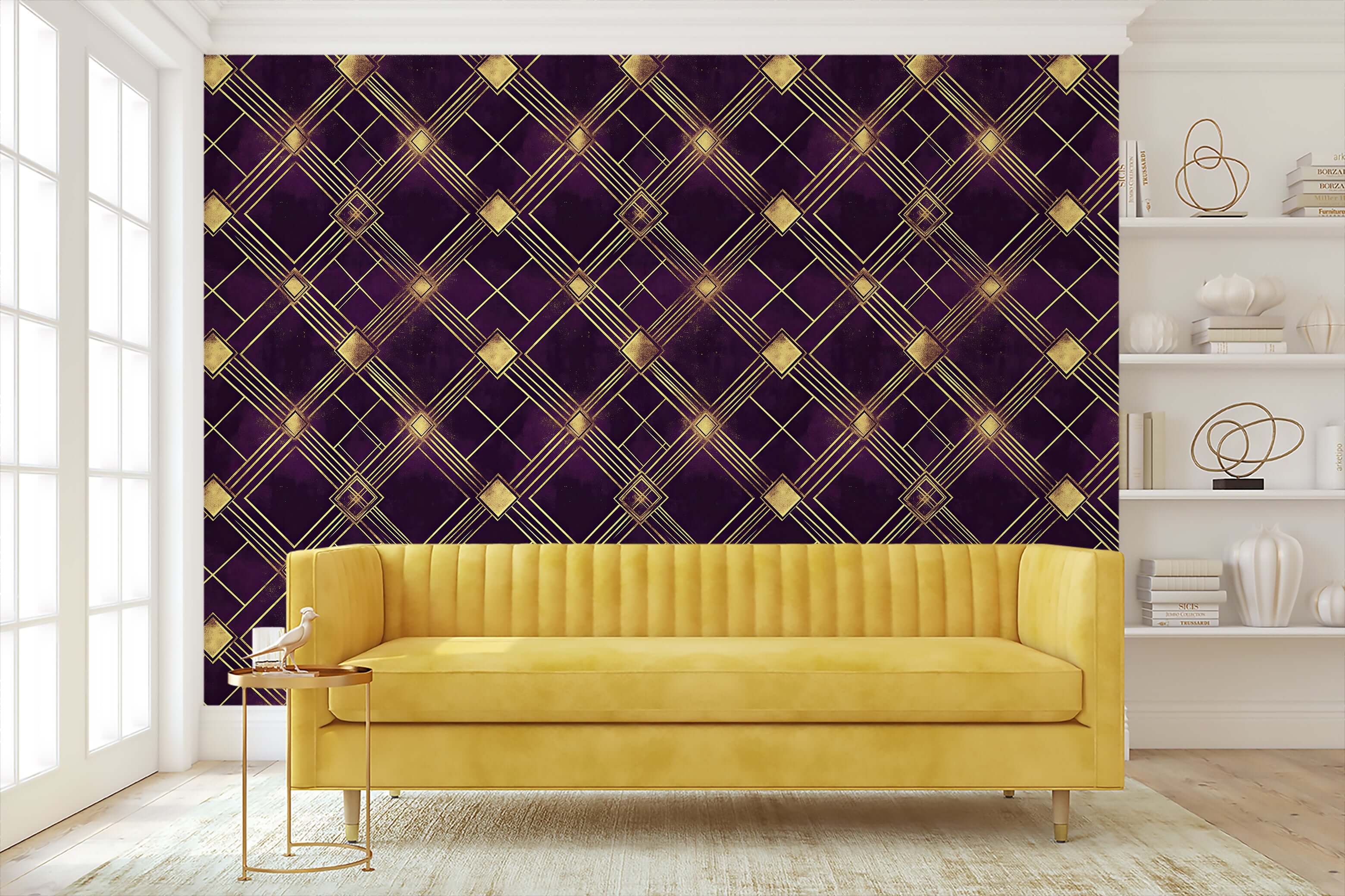Art Deco Diamond Noir Wallpaper in plum and gold tones, featuring geometric patterns, enhancing a living room with vintage charm and luxe style.