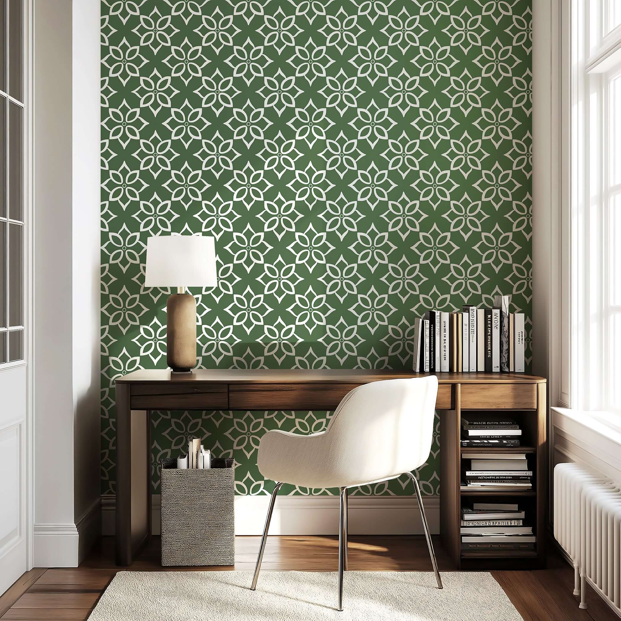 Modern geometric wallpaper with white floral tile design on sage green background, perfect for accent walls in living spaces.