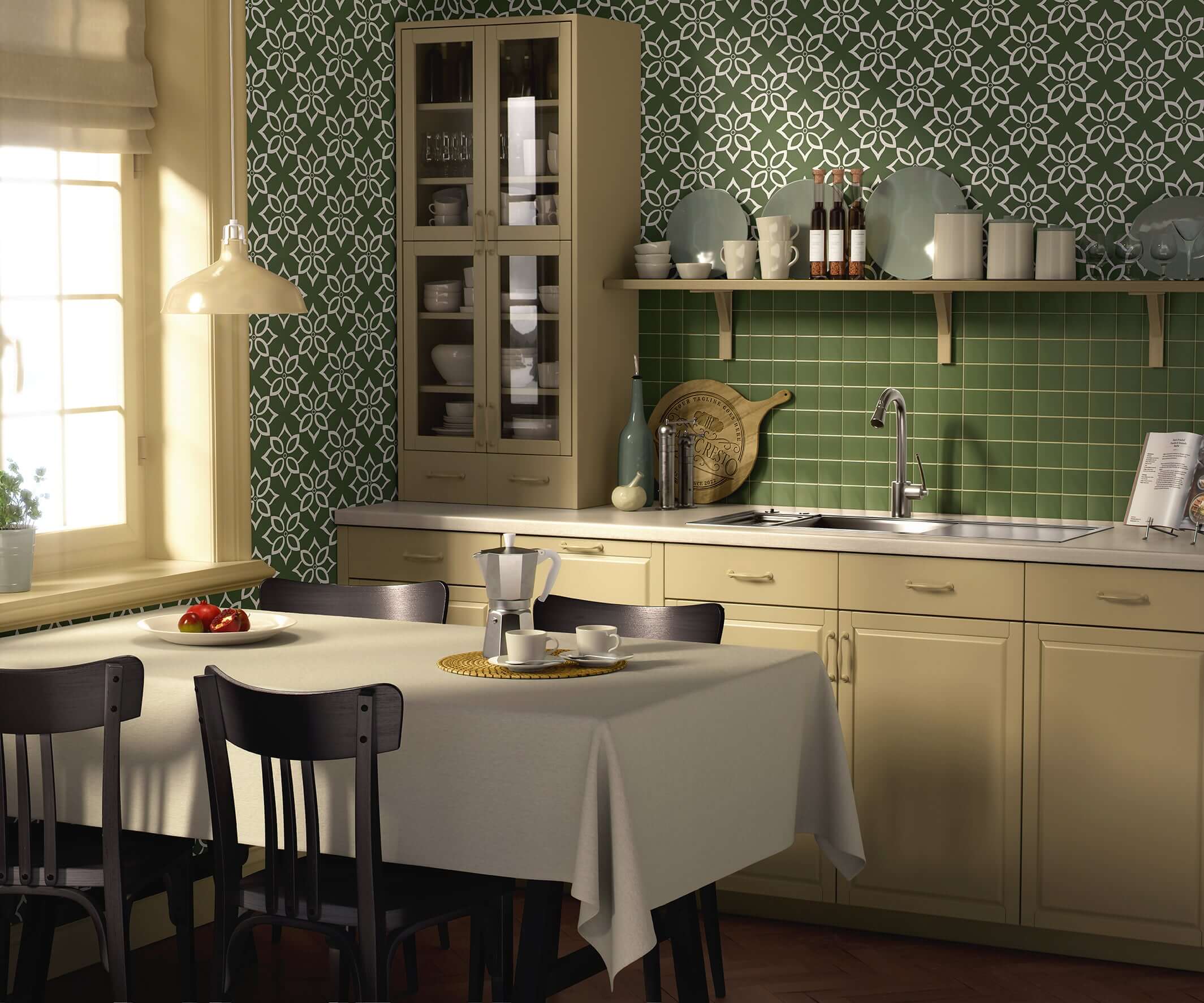Modern kitchen with Nature's Geometry wallpaper featuring white geometric floral tiles on a sage green background.