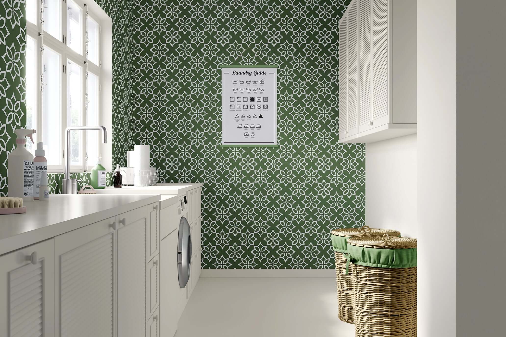 Modern laundry room with geometric tile wallpaper in sage green and white, featuring an organized interior design.