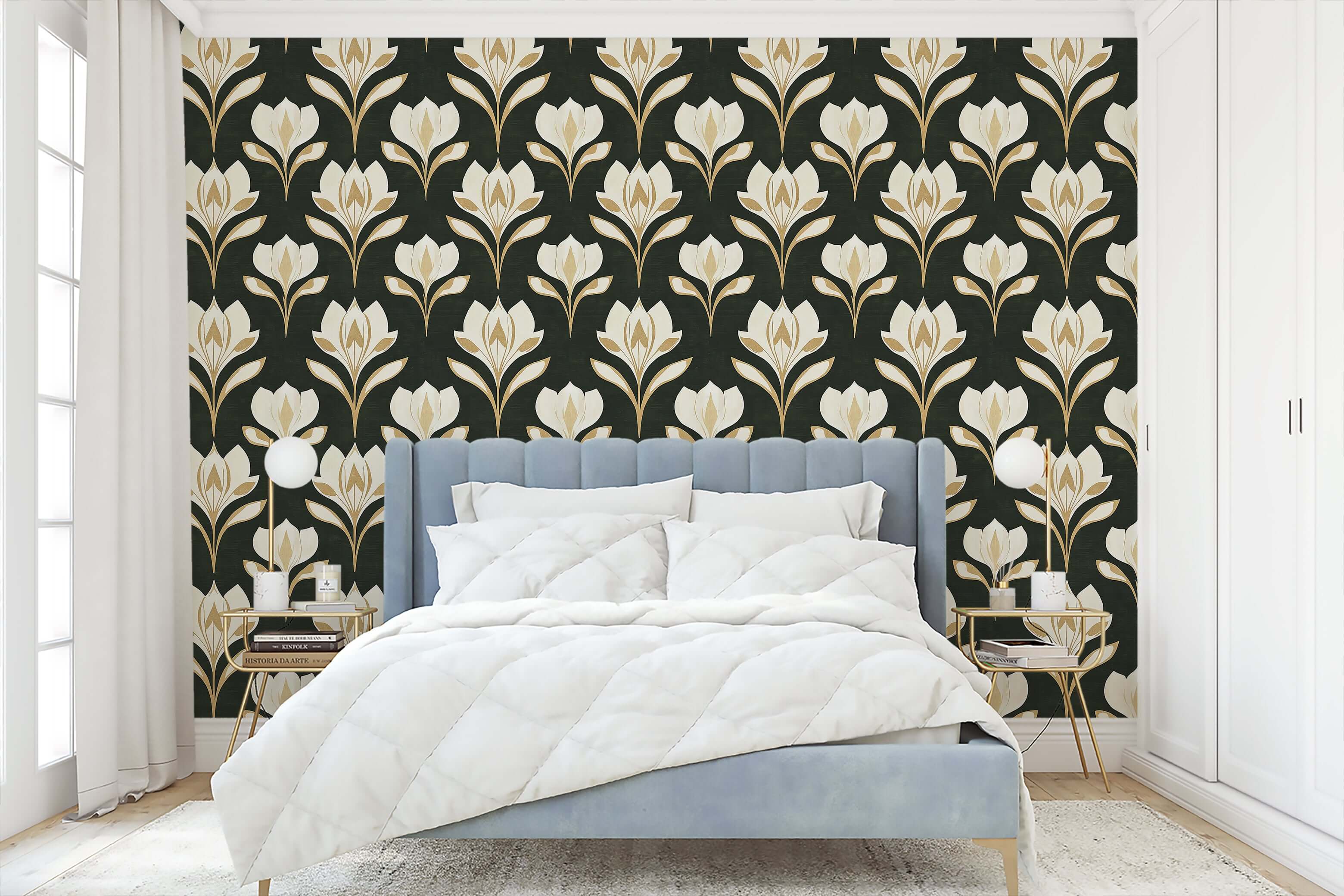 Ivory Petal Noir wallpaper with art nouveau florals in a bedroom, featuring ivory petals on a noir background, ideal for accent walls.