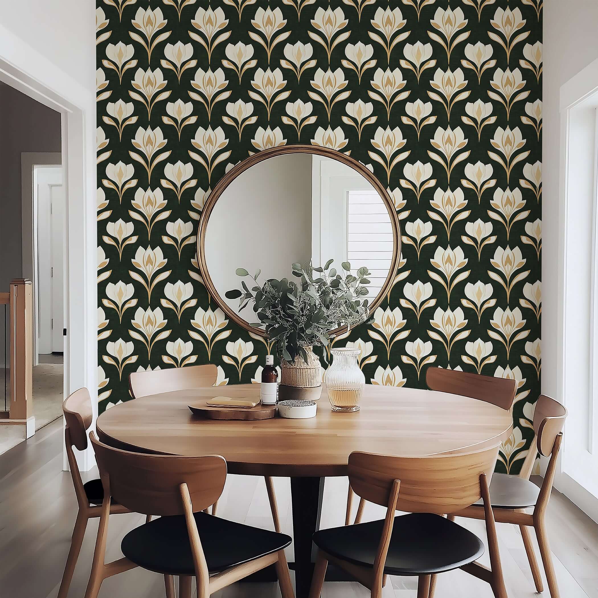 Ivory Petal Noir wallpaper with art nouveau florals and damask design in a dining room setting.