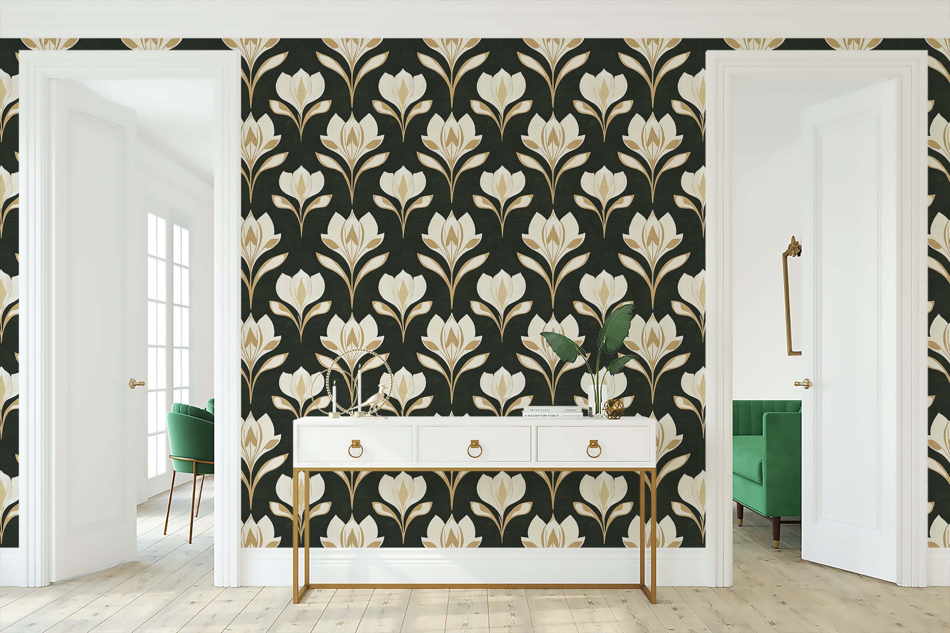 Art nouveau ivory petal ivory wallpaper with floral damask pattern on a noir background, embodying timeless elegance and style.