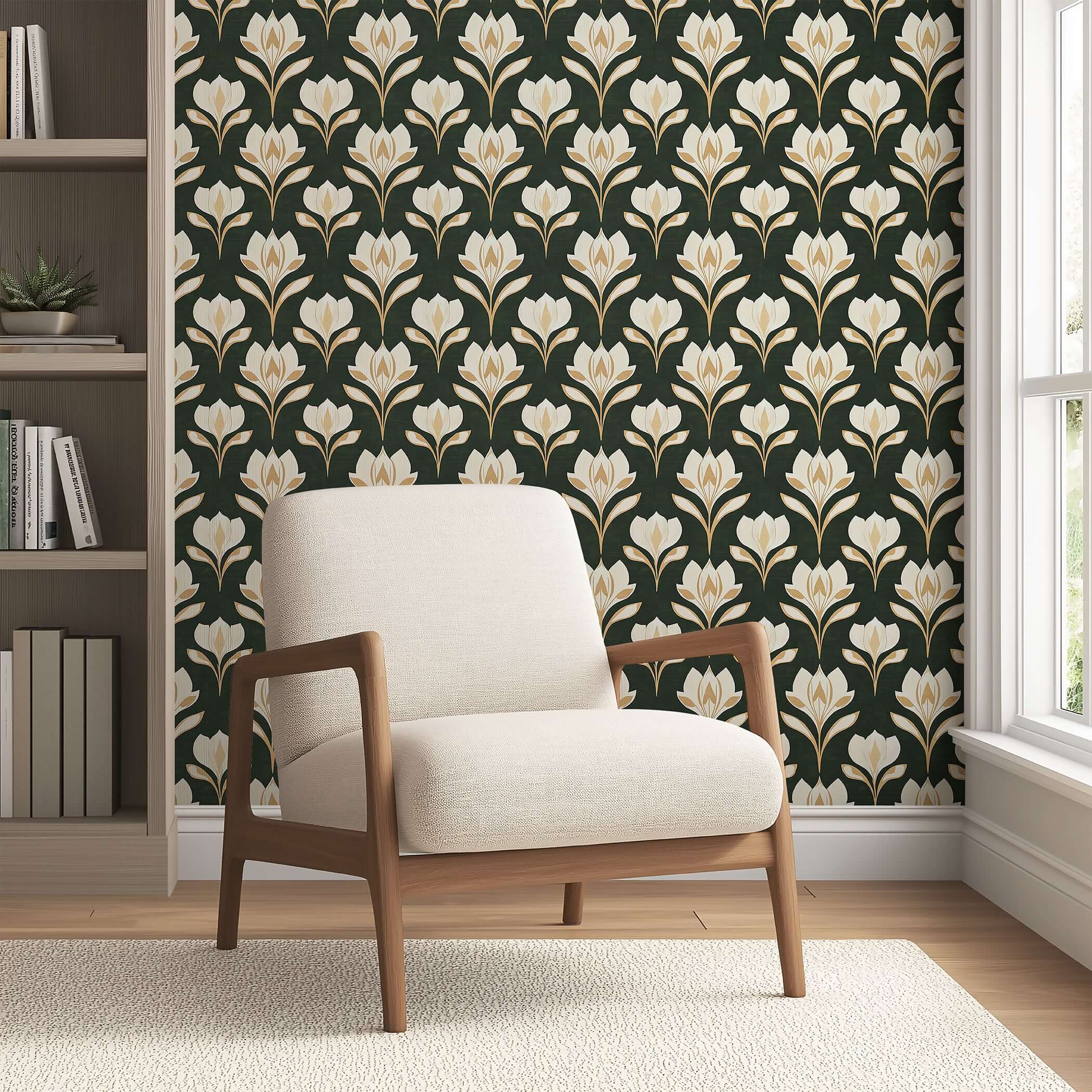Ivory Petal Noir wallpaper with art nouveau floral patterns, creamy petals, and gold details against a noir background beside a modern chair.