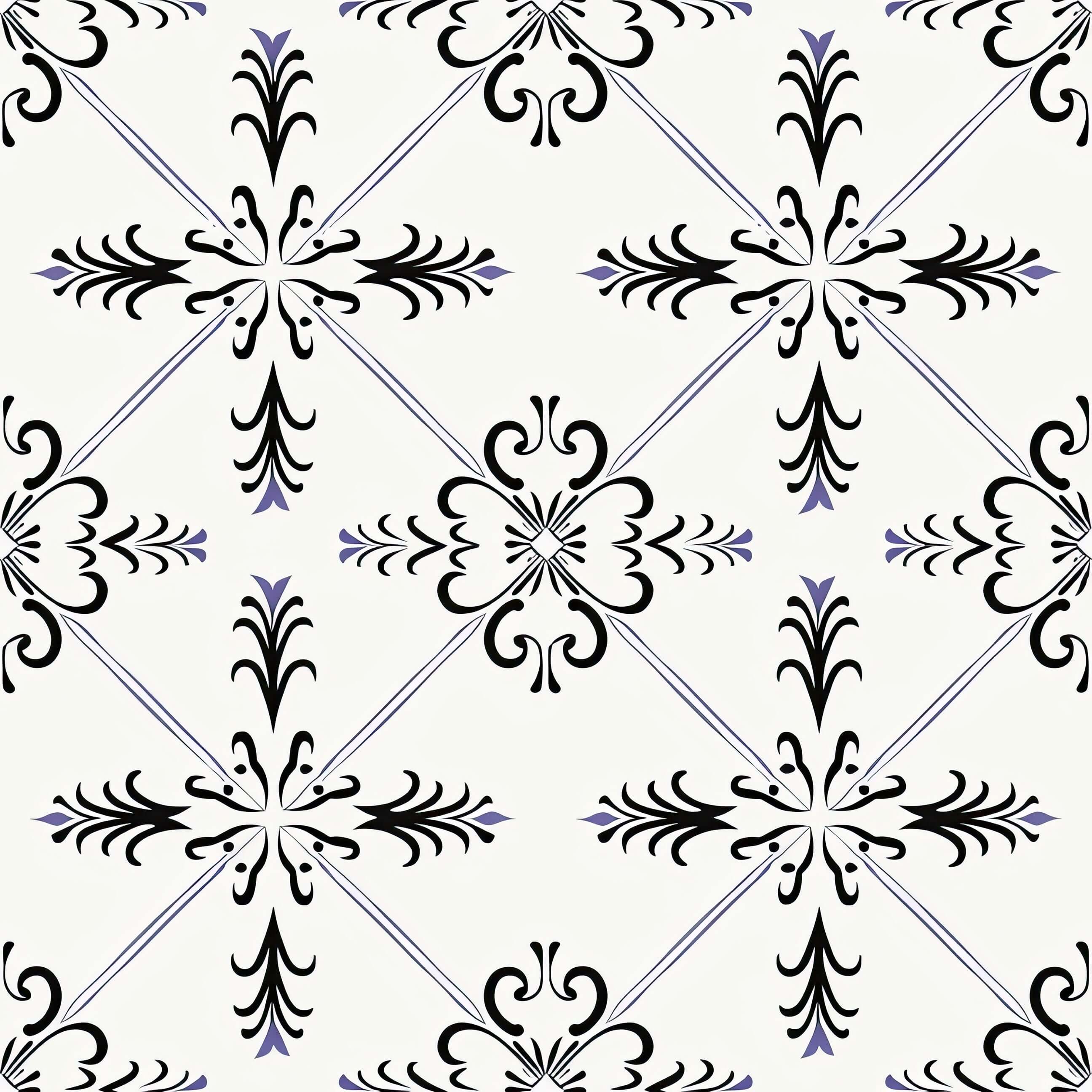 Gothic Revival wallpaper with geometric tile pattern in black and ivory, featuring delicate violet accents and ornamental gothic motifs.