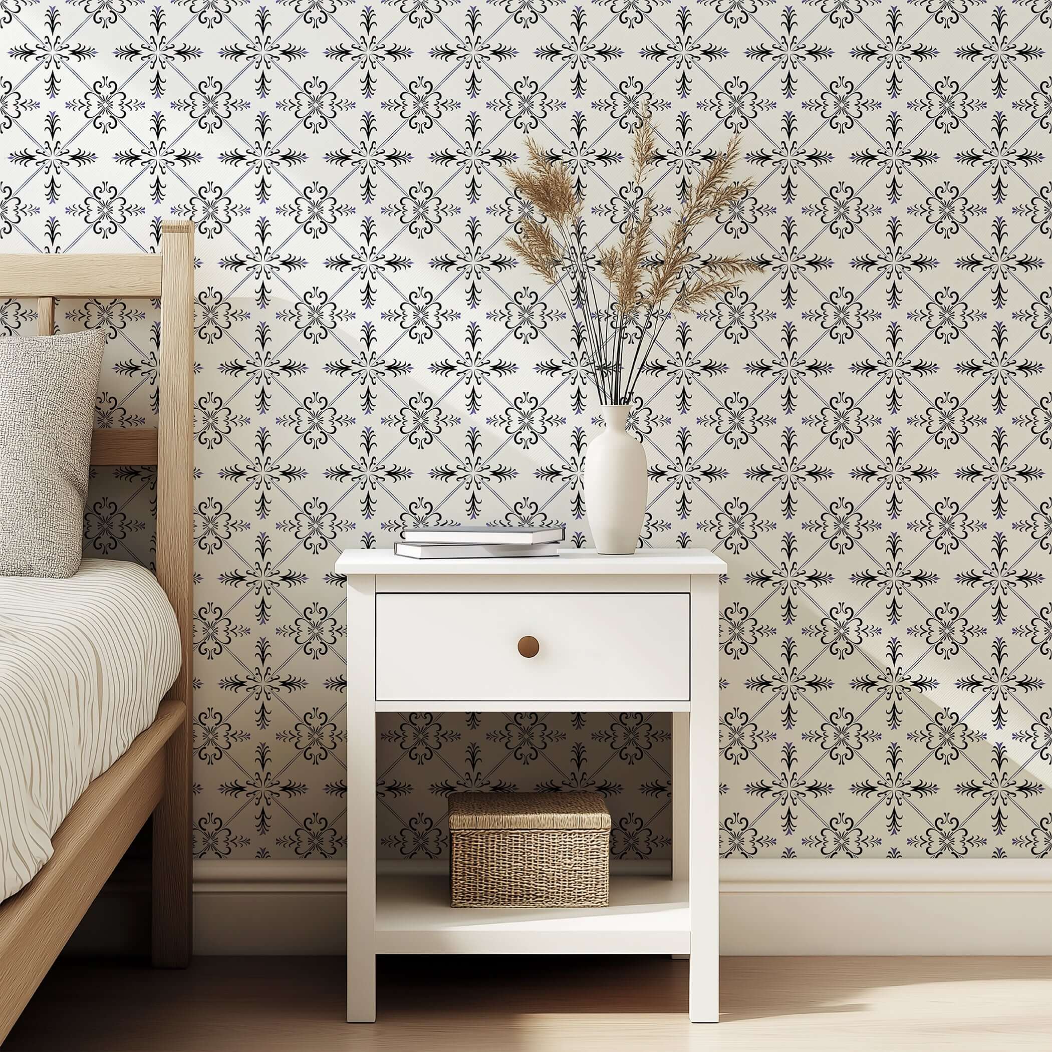 Gothic Revival geometric wallpaper with black, ivory, and violet tile patterns in a bedroom setting, offering a sophisticated look.
