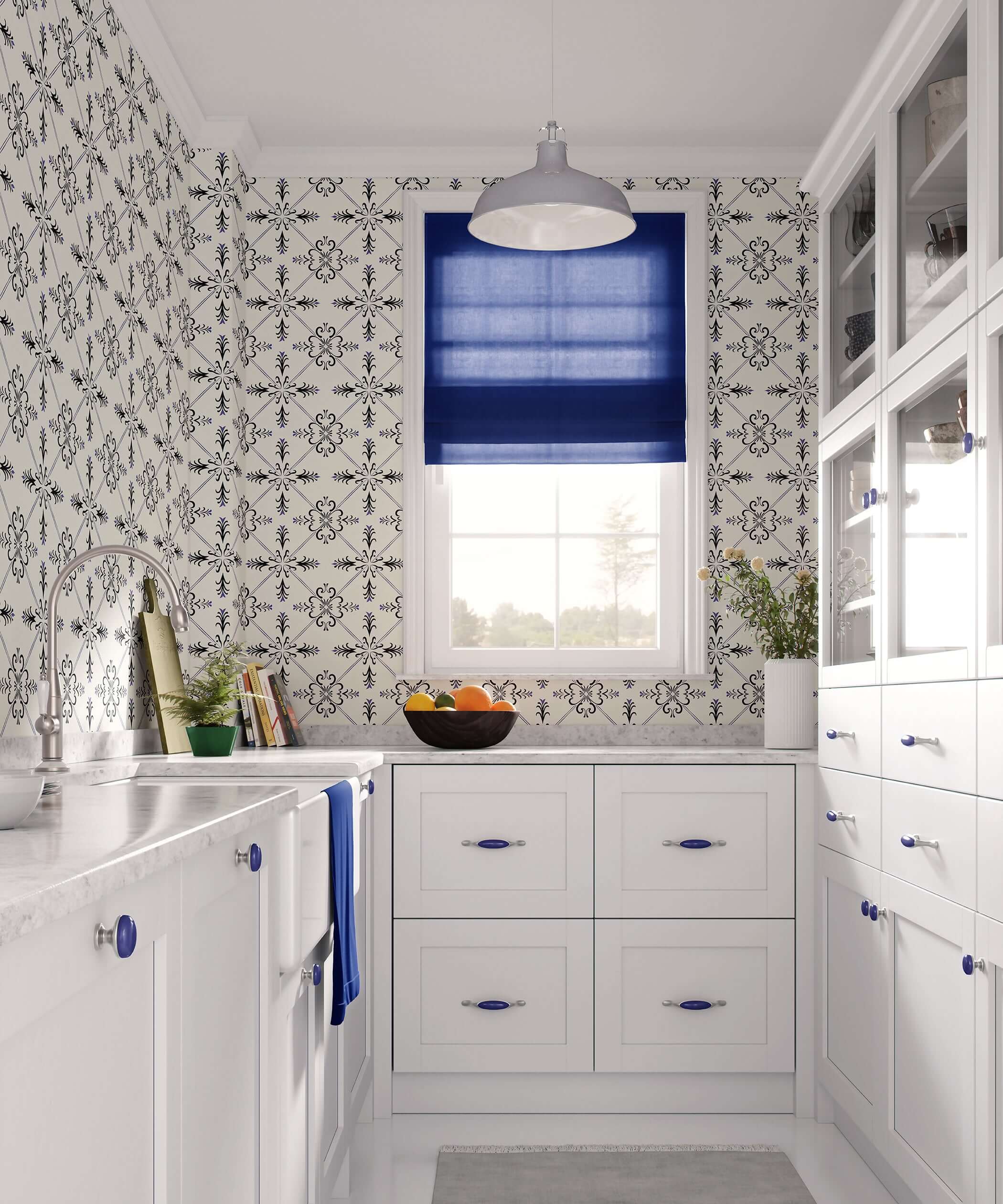 Gothic Revival wallpaper with geometric tile design in black, ivory, and violet, creating a sophisticated look in a bright kitchen.