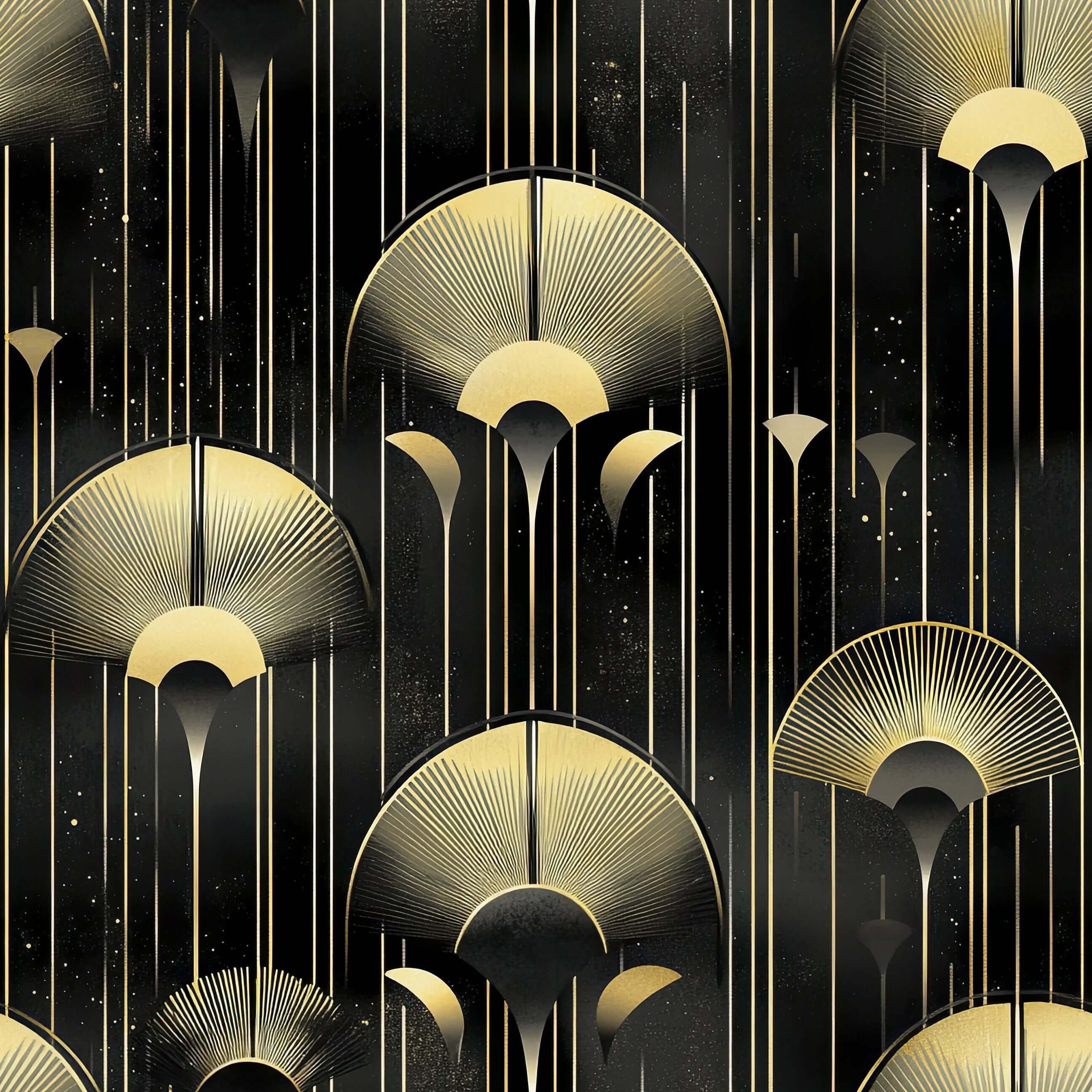 Art Deco wallpaper with gold embellishments on a dark backdrop, featuring luxurious patterns reminiscent of Twenties' lighting elegance.