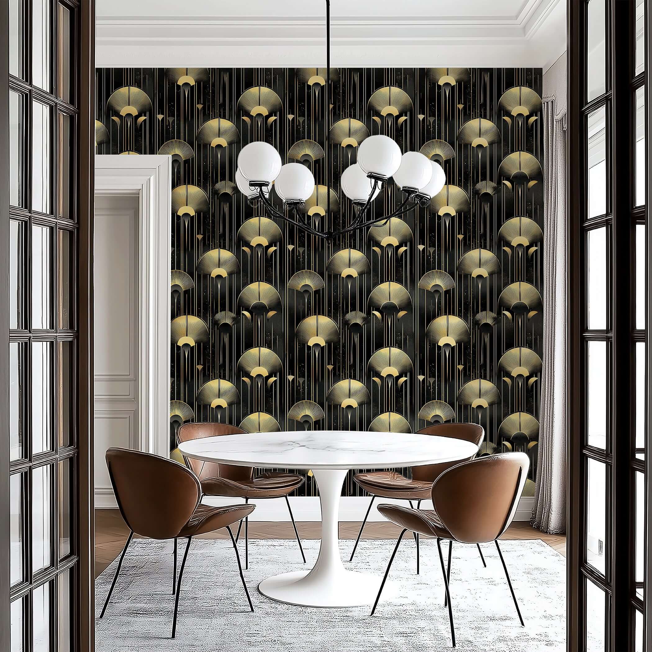 Modern dining room with Art Deco "Golden Luminaire" wallpaper featuring gold embellishments on a dark background.