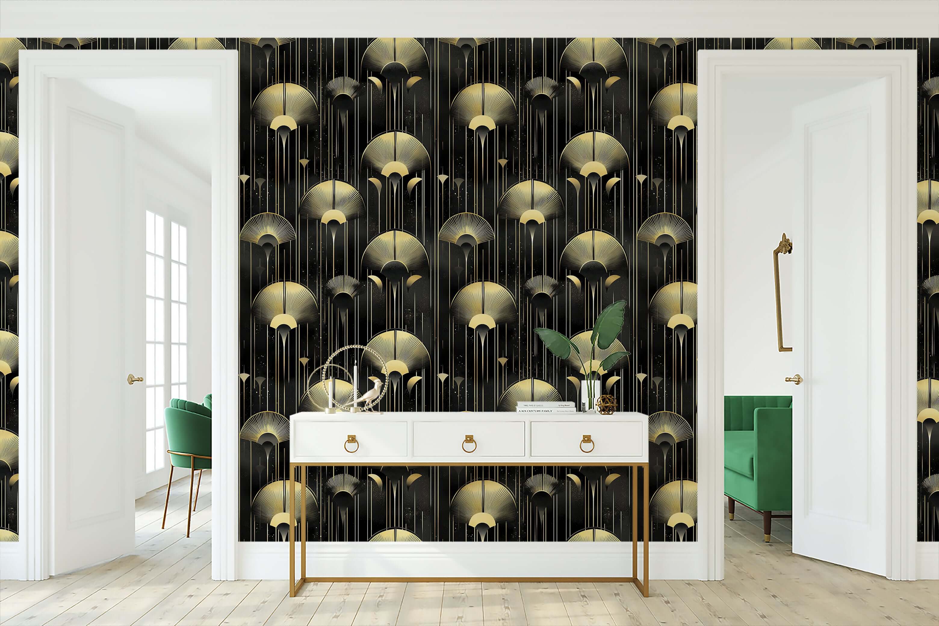 Luxurious Art Deco wallpaper with golden embellishments on a dark background, enhancing an elegant living room interior.