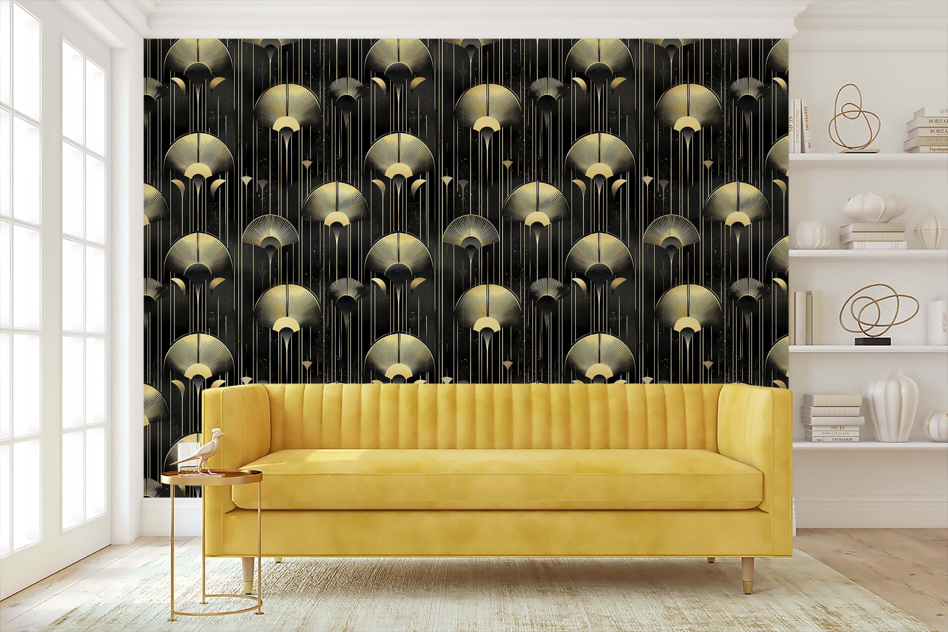 Art Deco golden luminaire wallpaper with intricate gold designs on a dark backdrop, adorning a living room accent wall.