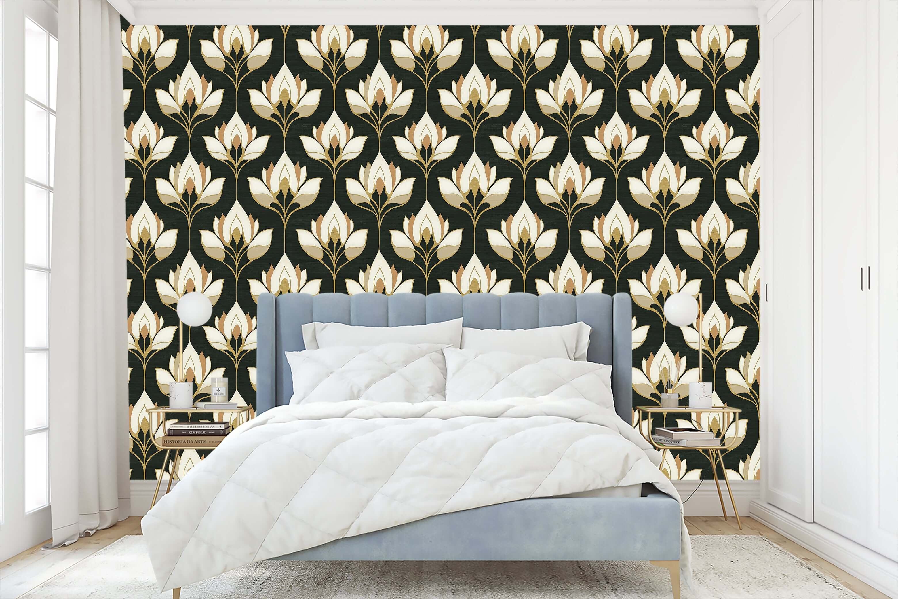 Luxurious "Gilded Blooms" art nouveau floral wallpaper with ivory and gold against a dark background, perfect for elegant decor.