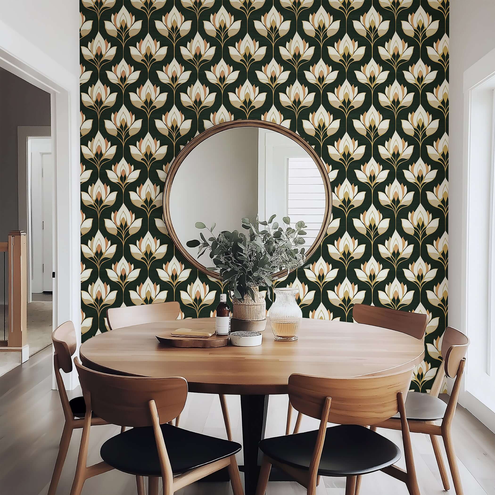 Gilded Blooms art nouveau floral wallpaper in dining room, featuring ivory and gold flowers on dark background, enhancing elegance.