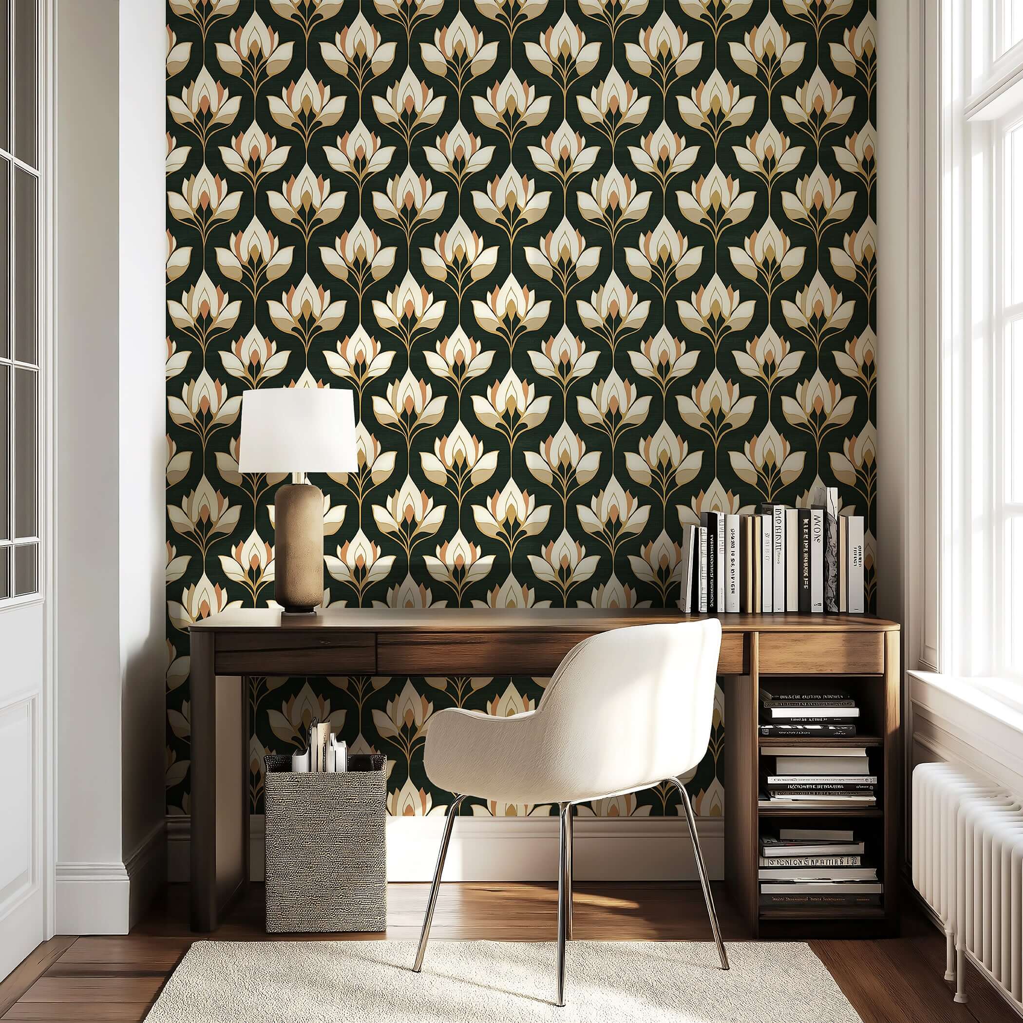 Art Nouveau floral wallpaper with ivory and gold petals on a dark background, showcasing a stylish home office décor setting.