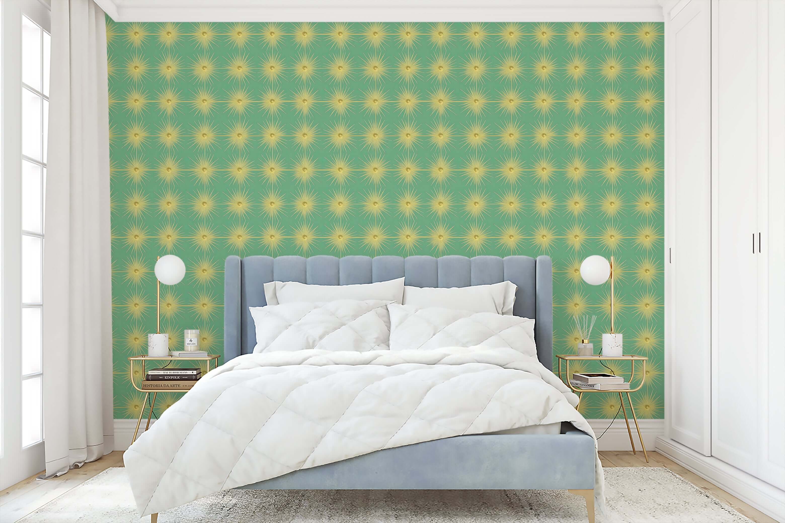 Bedroom featuring Vintage Sunburst Charm mid-century modern wallpaper with gold starburst motifs on a teal background.