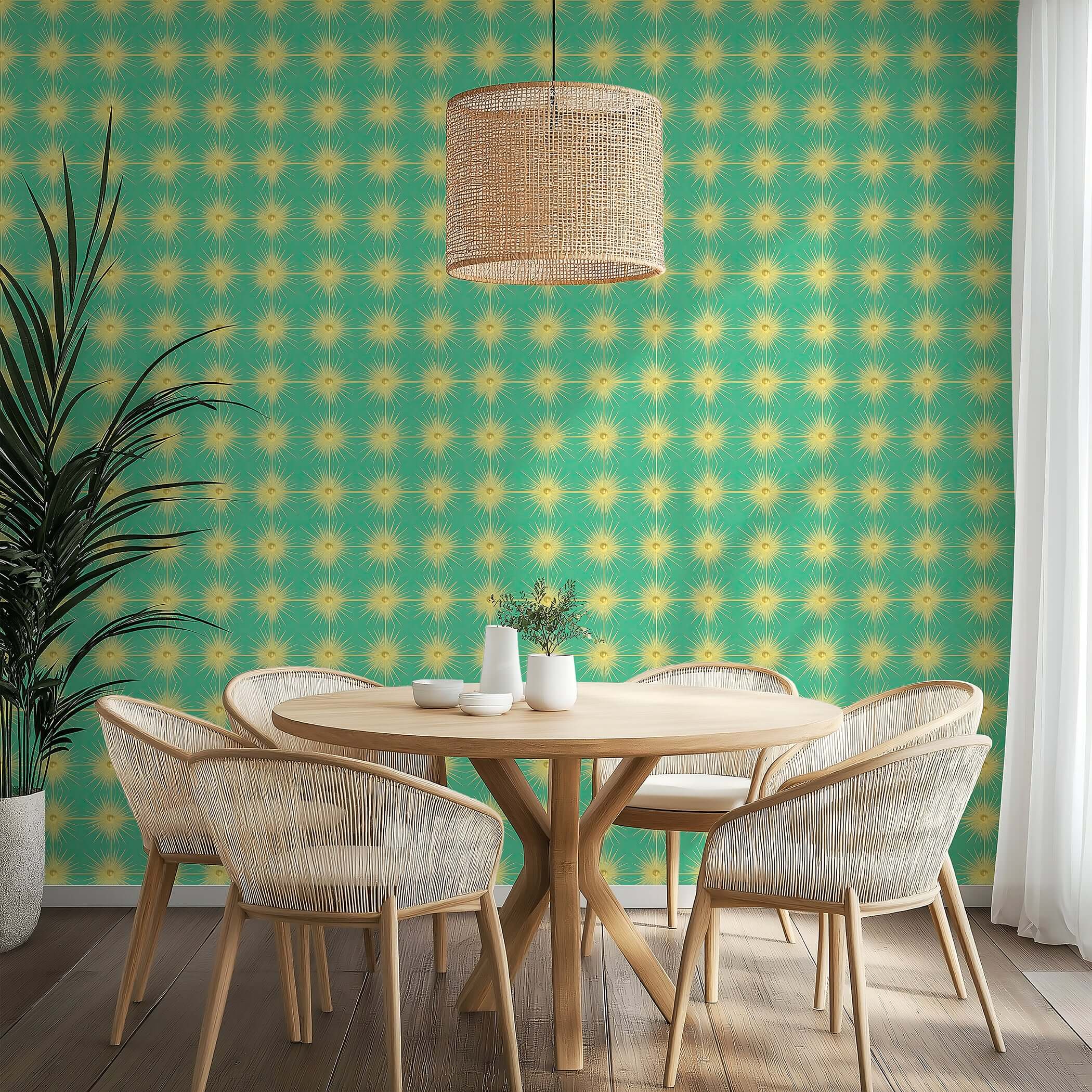 Dining area with vintage sunburst charm wallpaper in mid-century modern style, featuring gold starburst motifs on a teal background.