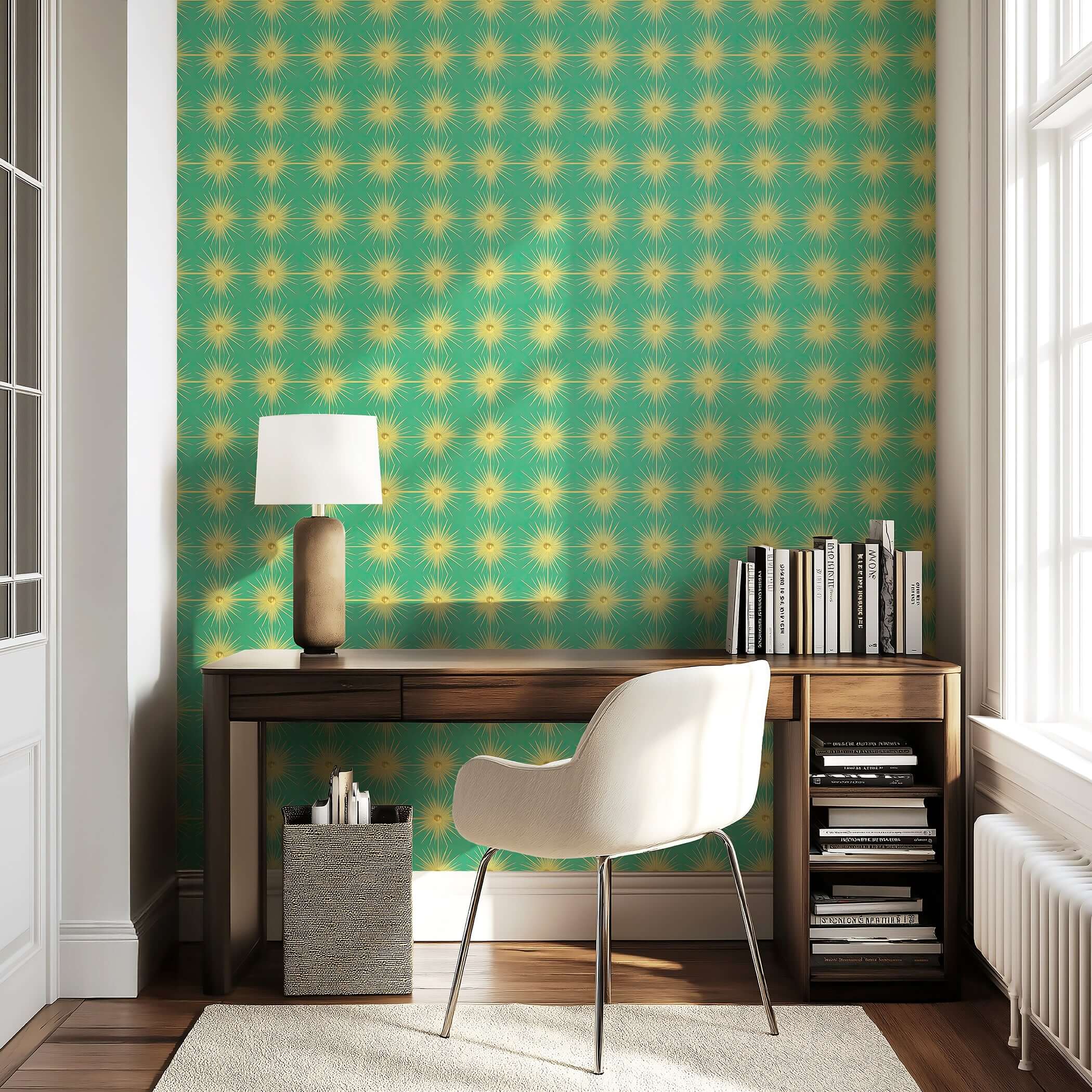 Mid-century modern wallpaper with gold starburst patterns on teal, enhancing a retro-style interior with elegance and charm.