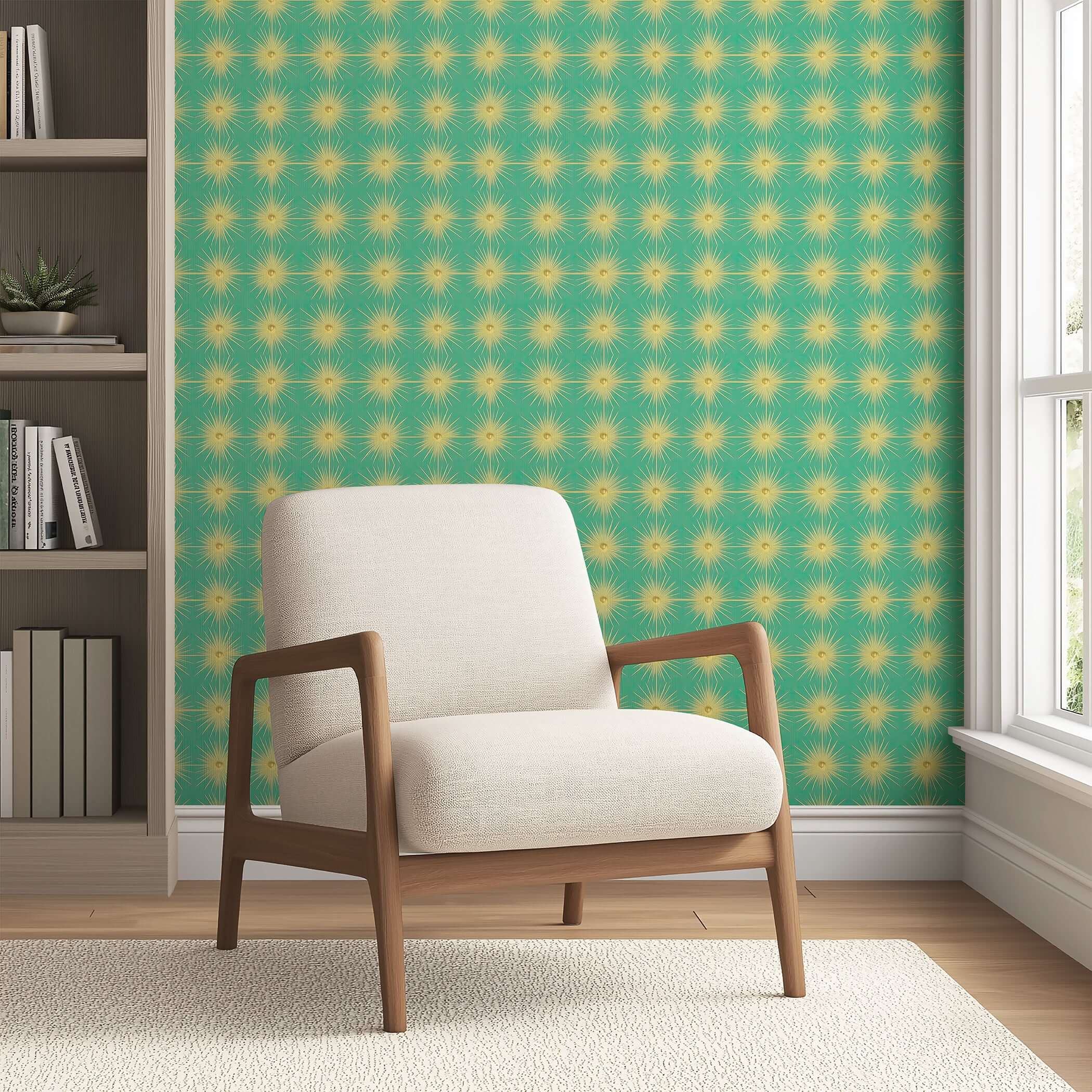 Mid-century modern wallpaper with gold starburst motifs on teal background, enhancing a cozy room with a vintage sunburst charm.