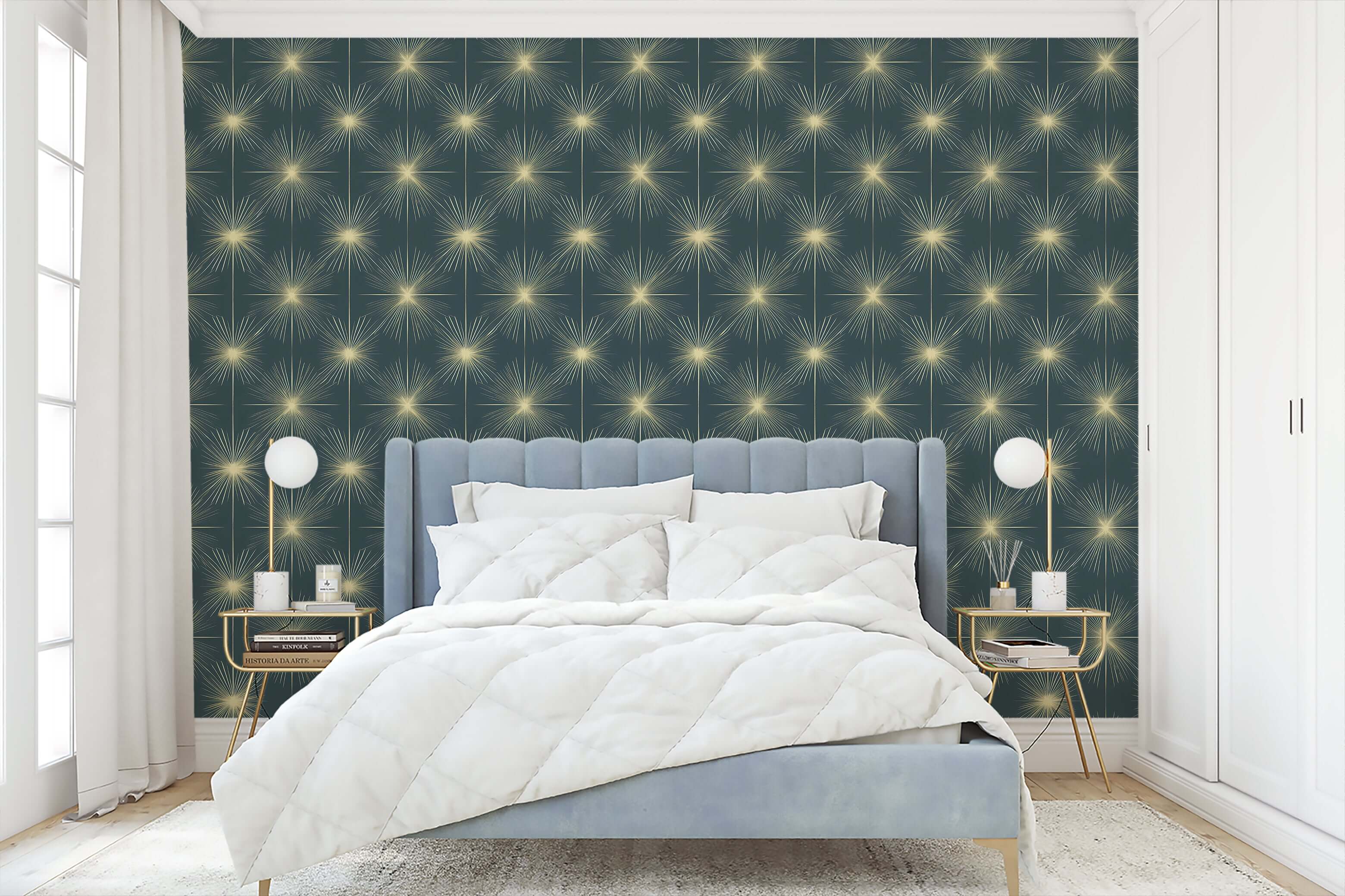Celestial Gold Sparkle wallpaper in bedroom with mid-century modern decor, featuring golden starbursts on teal-blue background.
