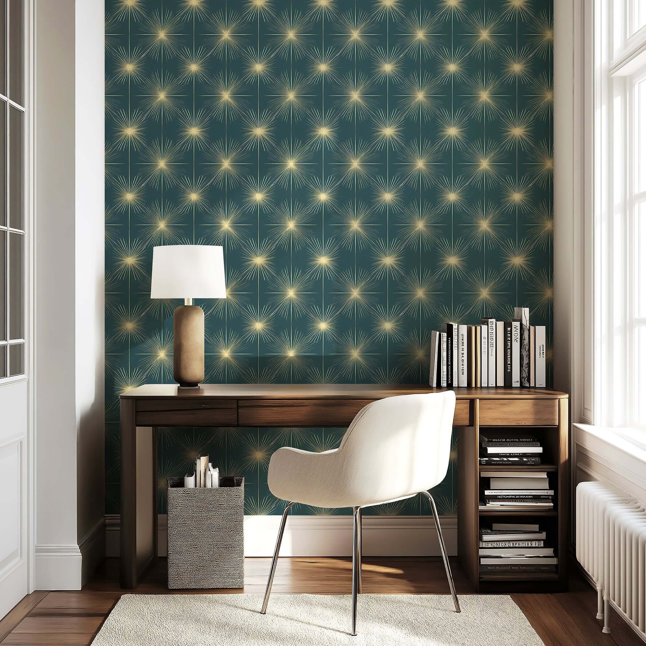 Mid-Century Modern Celestial Gold Sparkle wallpaper with starbursts on a teal-blue background, enhancing a retro-style room.