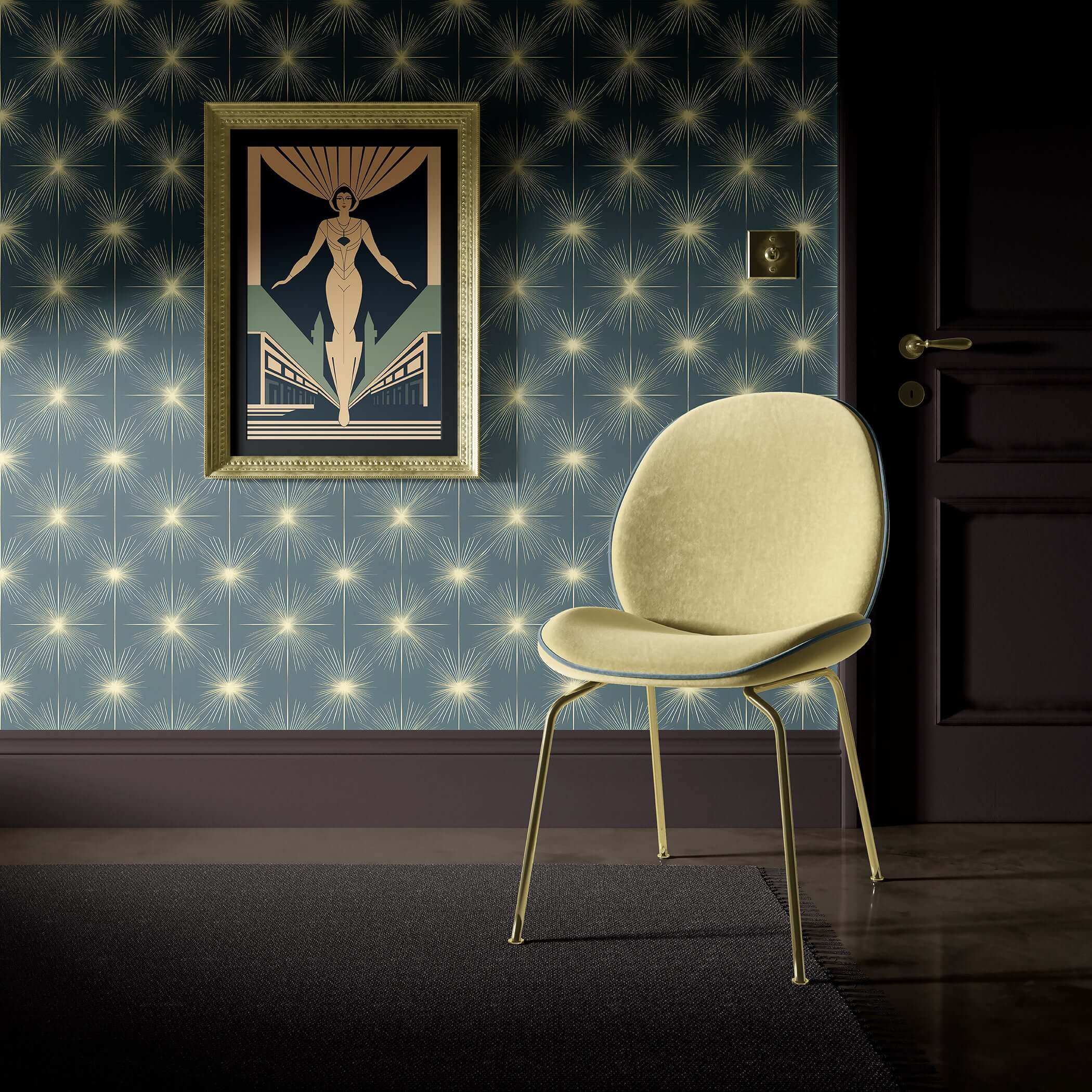 Mid-Century Modern room with Celestial Gold Sparkle wallpaper featuring golden starbursts on teal for a retro Art Deco atmosphere.