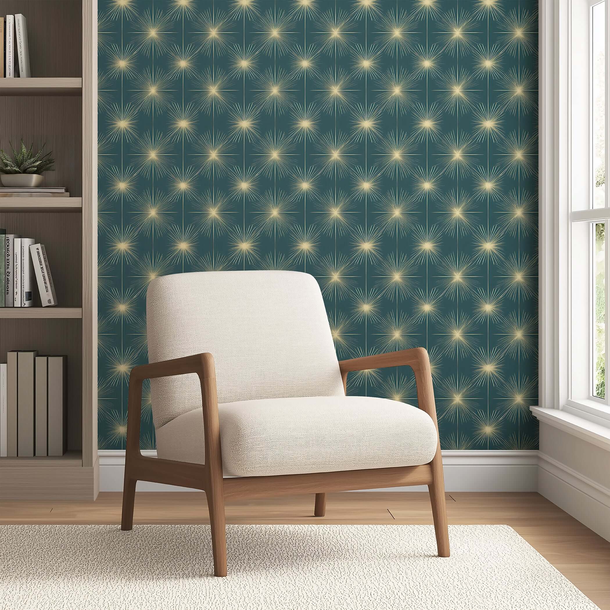 Mid-Century Modern room with Celestial Gold Sparkle wallpaper, featuring golden starbursts on teal-blue, and a retro beige chair.
