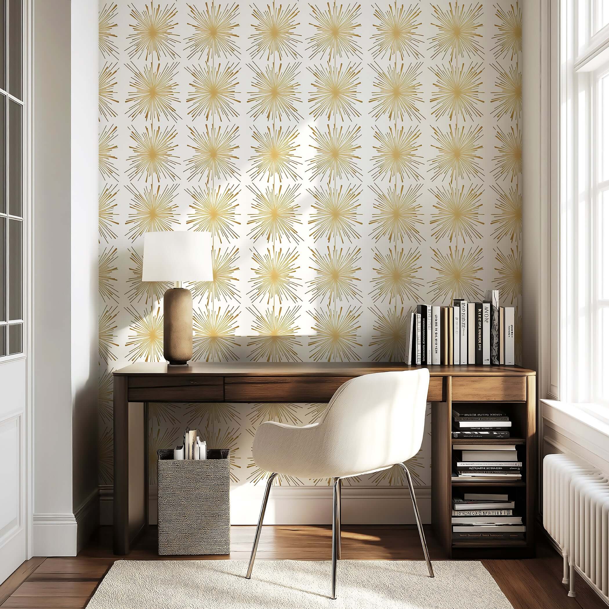 Mid-Century Modern Gilded Fireworks wallpaper with metallic gold starburst design on white, enhancing a retro-themed room.